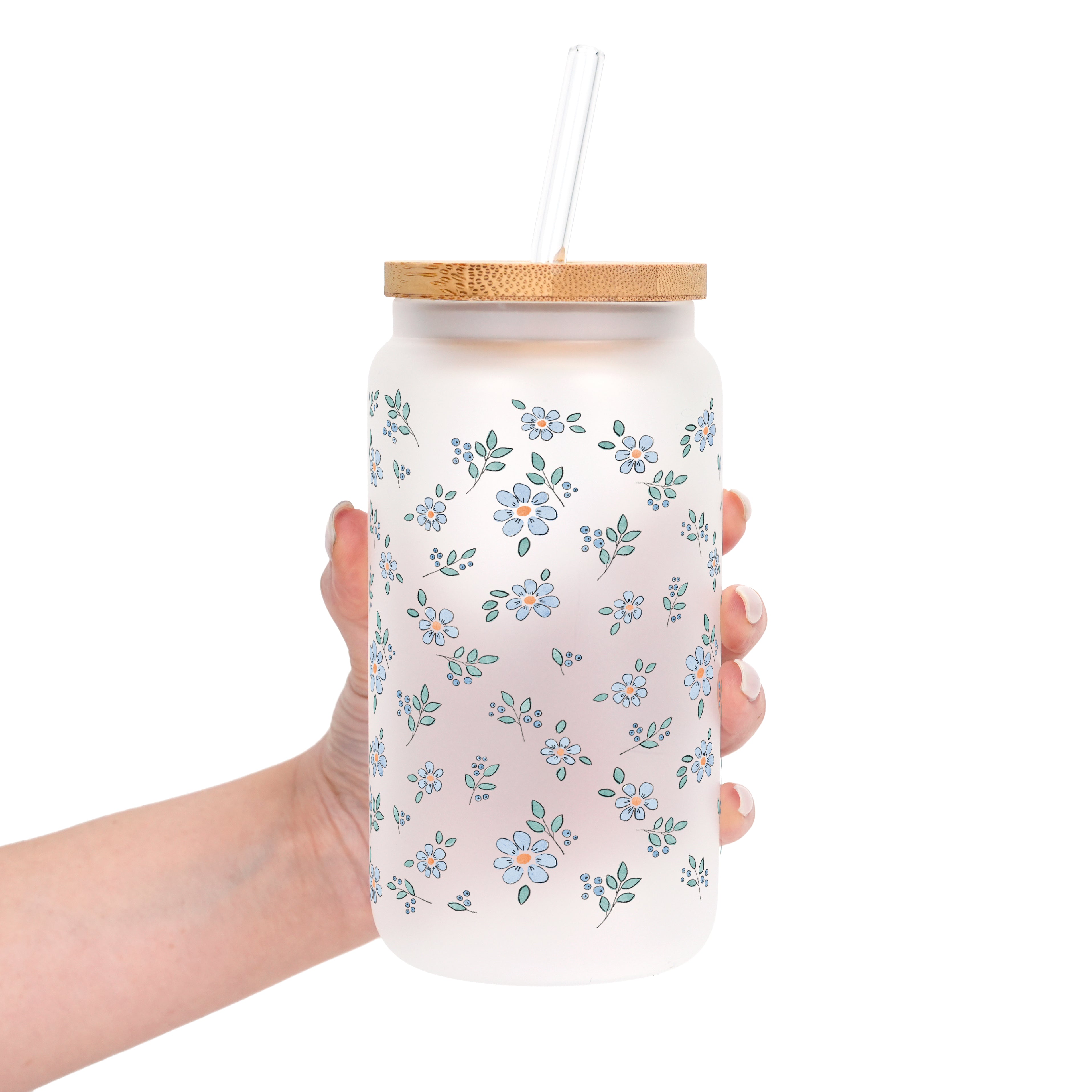 Minimalist Blue Flowers Glass Cup, Mug & Tumbler with Lid and Straw