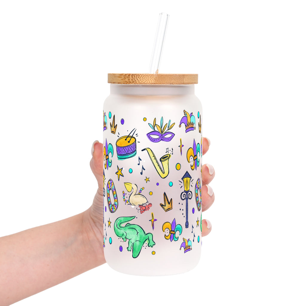Watercolor Mardi Gras Glass Cup, Mug & Tumbler with Lid and Straw