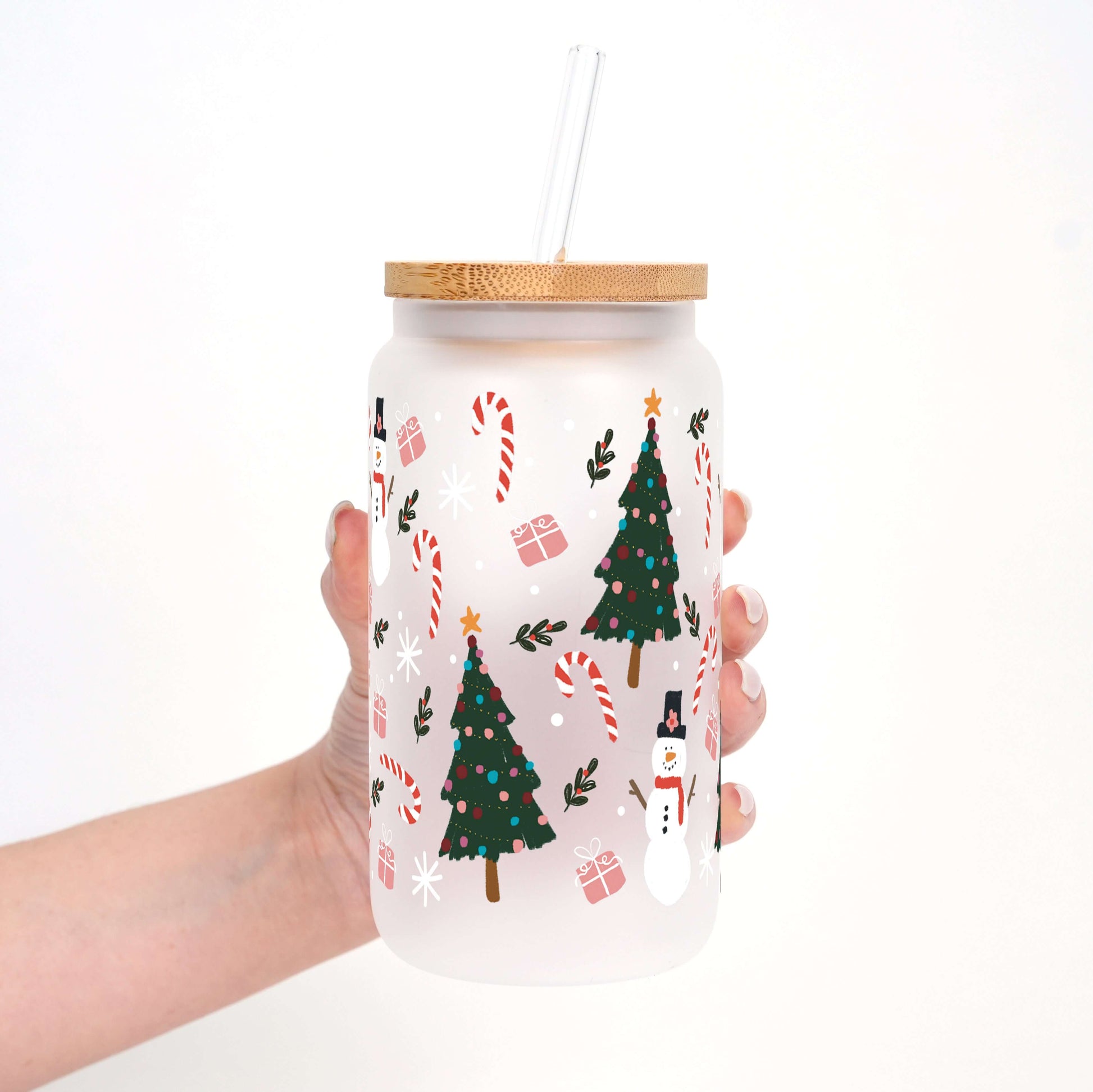 Jolly Little Christmas 16oz Glass Can Cup with Lid & Straw | Sip Sip Hooray