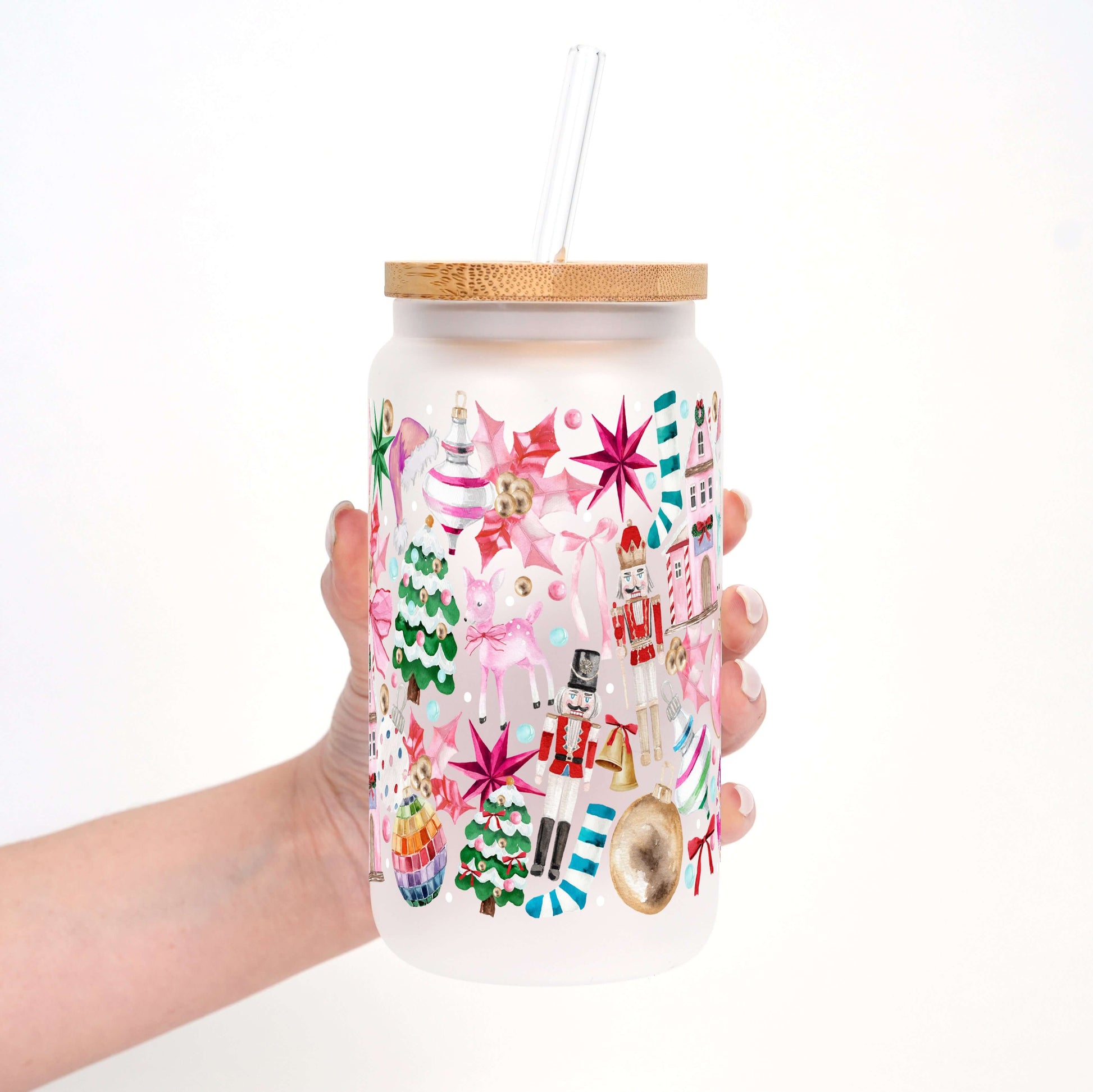 Whimsical Christmas 16oz Glass Can Cup with Lid & Straw | Sip Sip Hooray