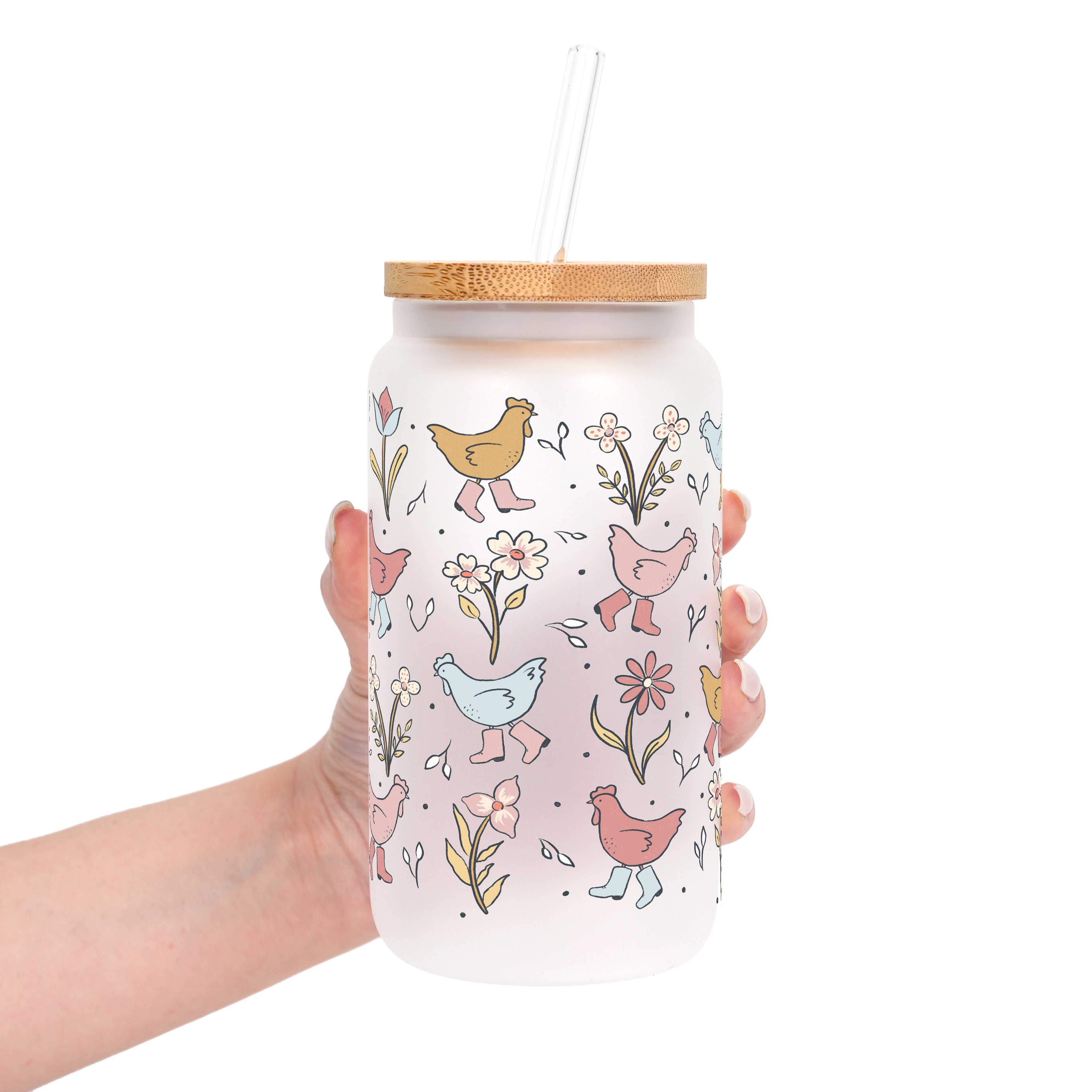 Funky Chickens Glass Cup, Mug & Tumbler with Lid and Straw