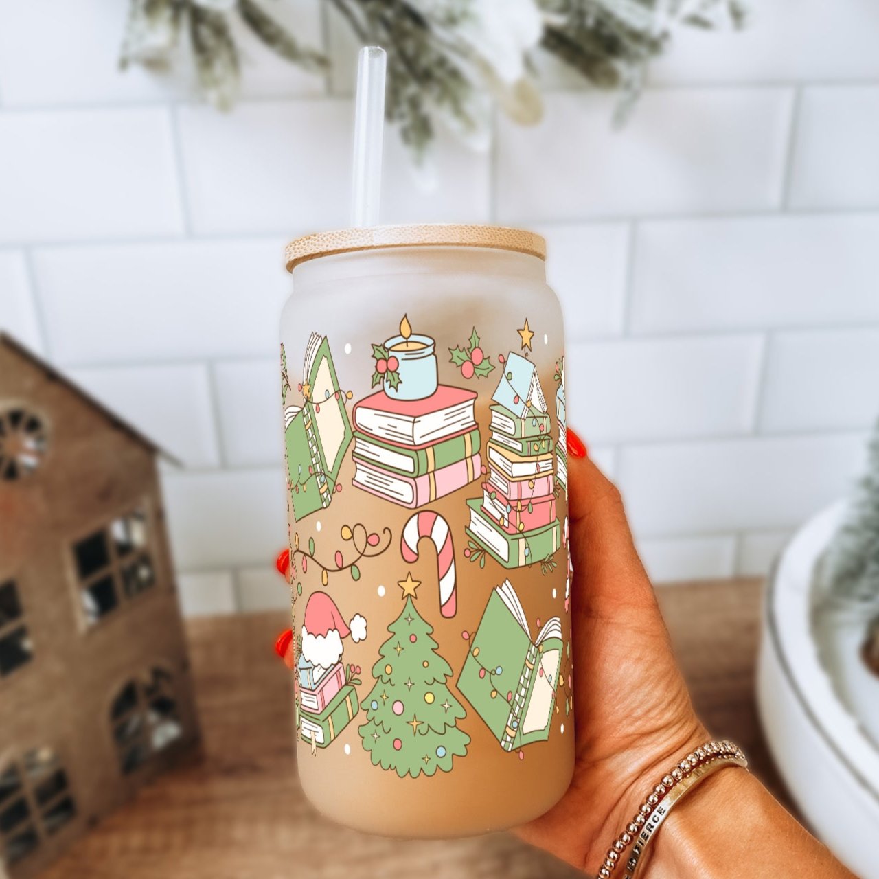 Bookish Christmas Glass Can Cup With Lid and Straw