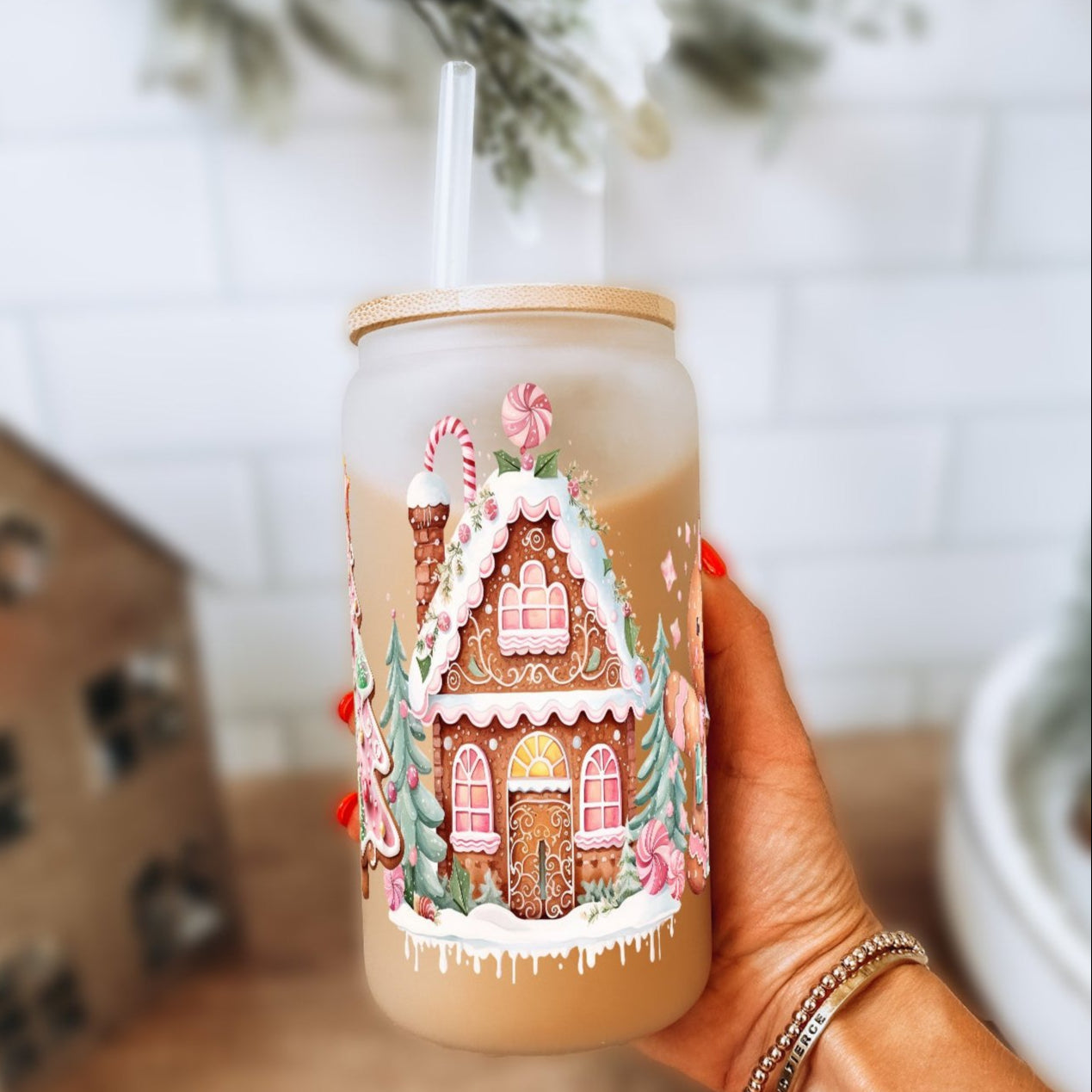 Pink Gingerbread House Glass Can Cup With Lid and Straw