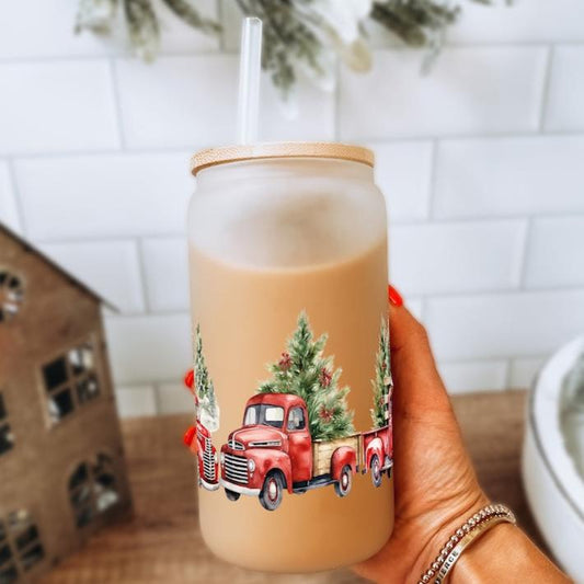 Christmas Red Truck 16oz Glass Can Cup With Lid and Straw