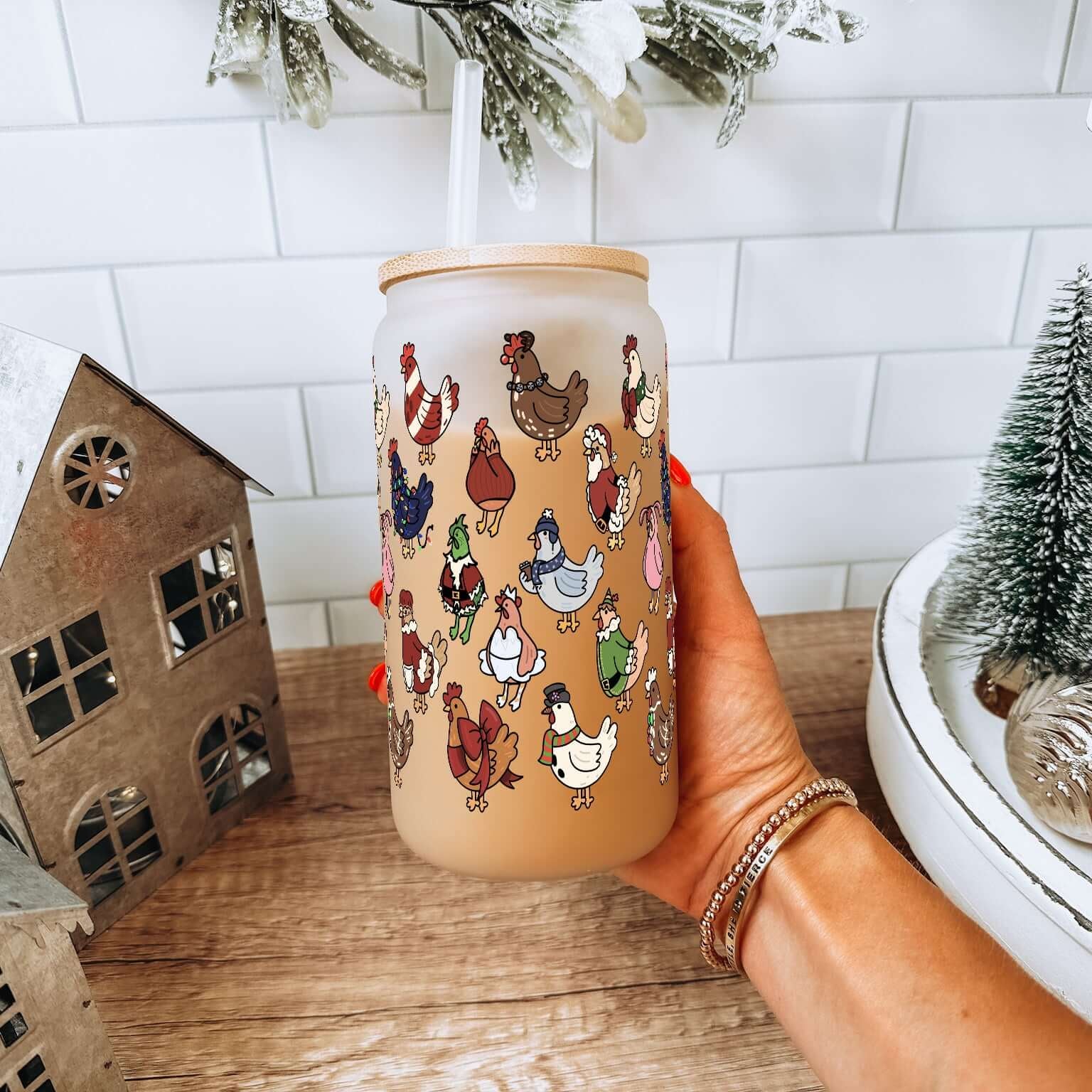 Festive Flock Christmas 16oz Glass Can Cup with Lid & Straw | Sip Sip Hooray