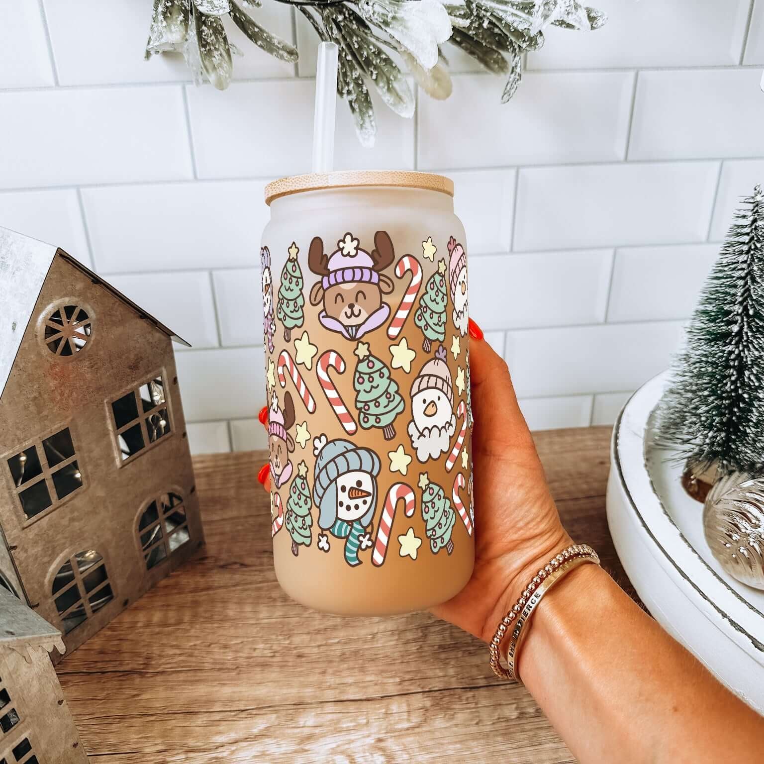 Christmas Cuties 16oz Glass Can Cup with Lid & Straw | Sip Sip Hooray