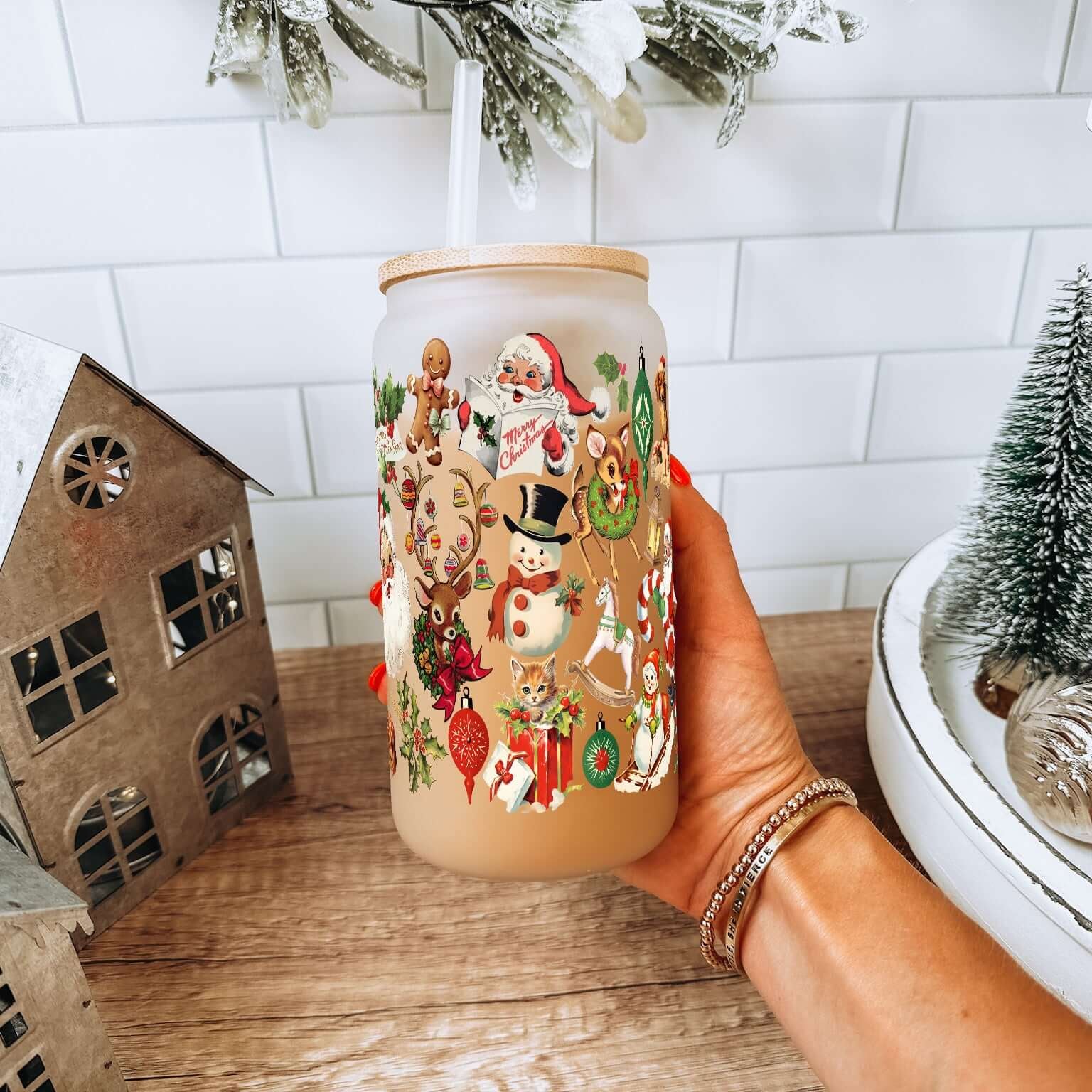 Nostalgic Christmas 16oz Glass Can Cup with Lid & Straw | Sip Sip Hooray