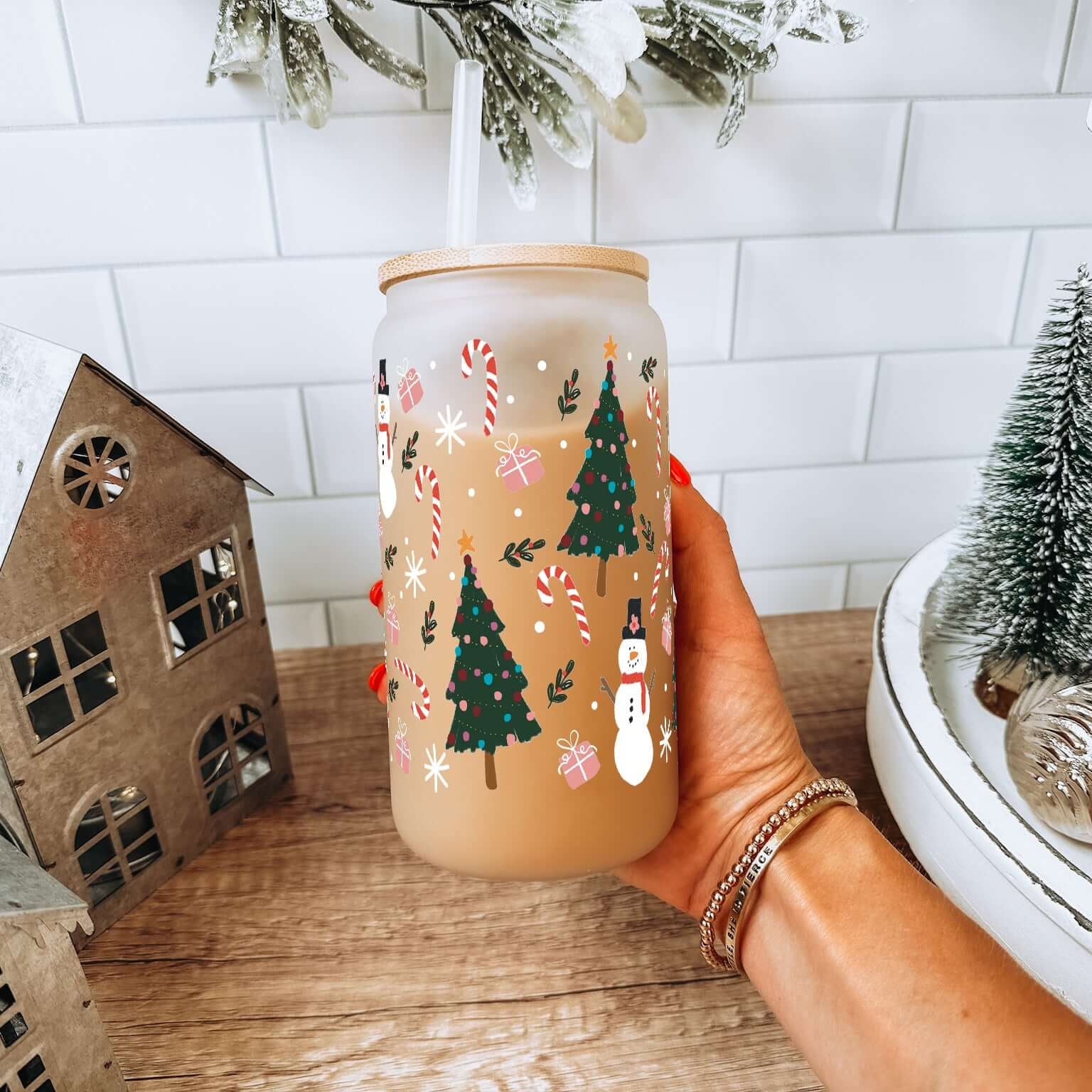 Jolly Little Christmas 16oz Glass Can Cup with Lid & Straw | Sip Sip Hooray