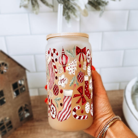 Cozy Christmas Things 16oz Glass Can Cup With Lid and Straw