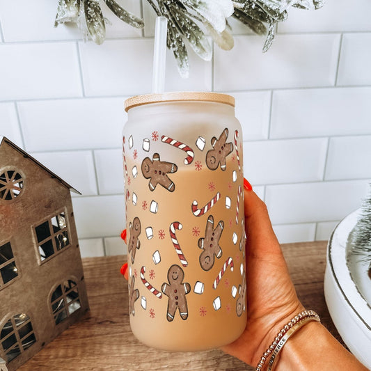 Peppermint Gingerbread 16oz Glass Can Cup With Lid and Straw