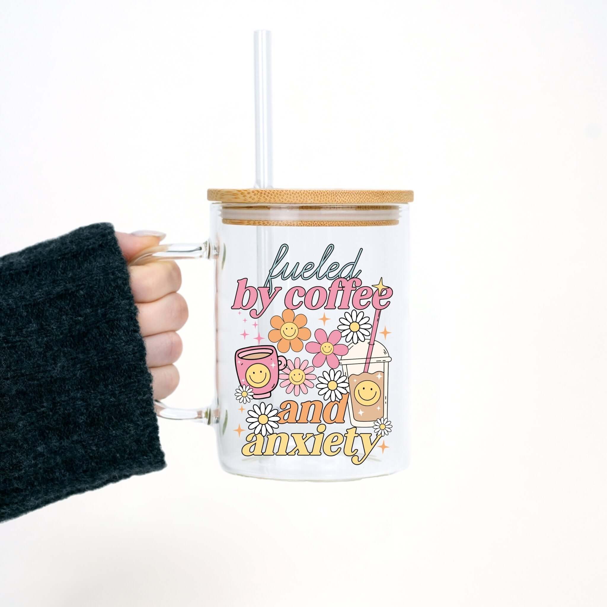 Fueled By Coffee and Anxiety 17oz Glass Mug With Lid and Straw