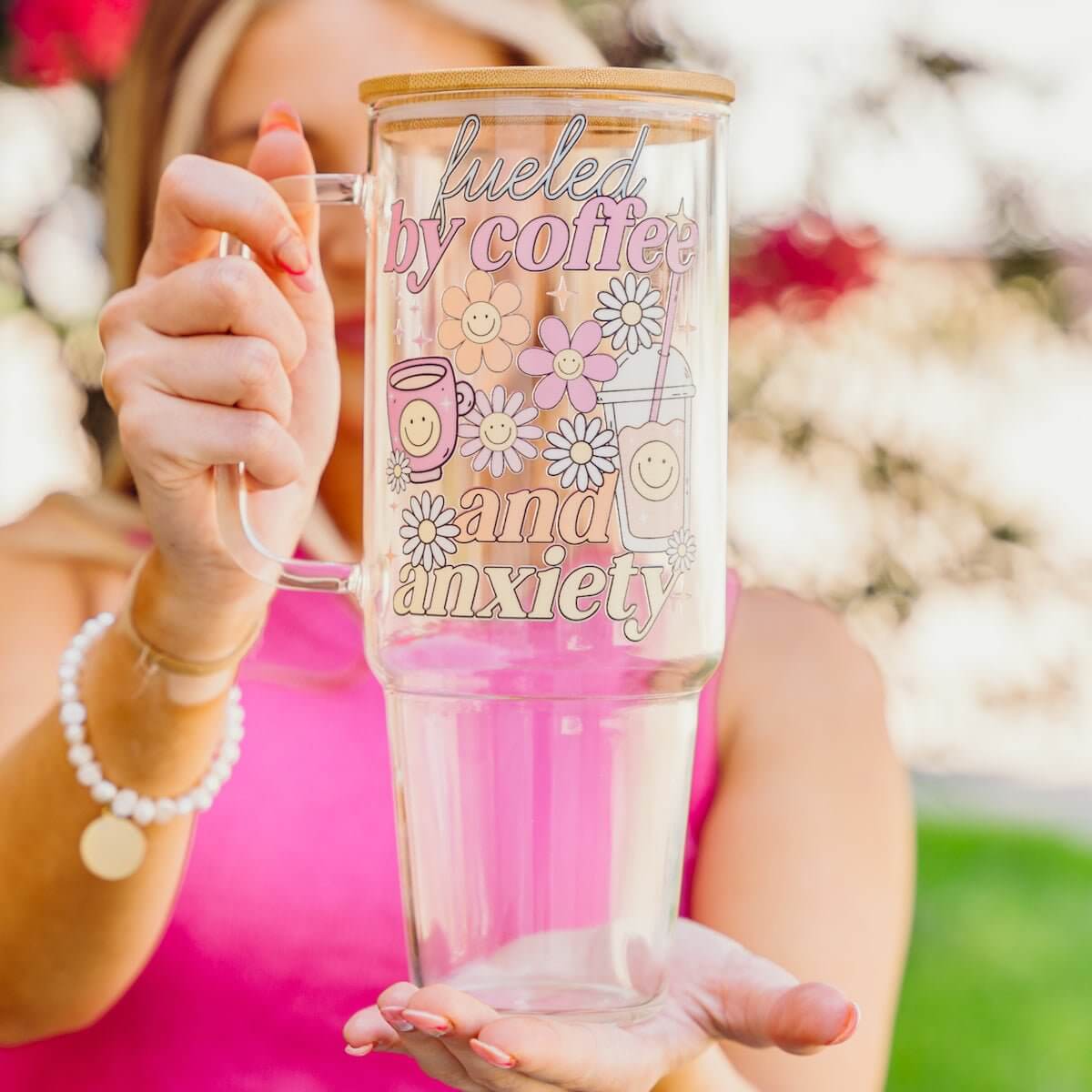 Fueled By Coffee and Anxiety 40oz Glass Or Plastic Tumbler With Lid and Straw from Sip Sip Hooray – Drinkware