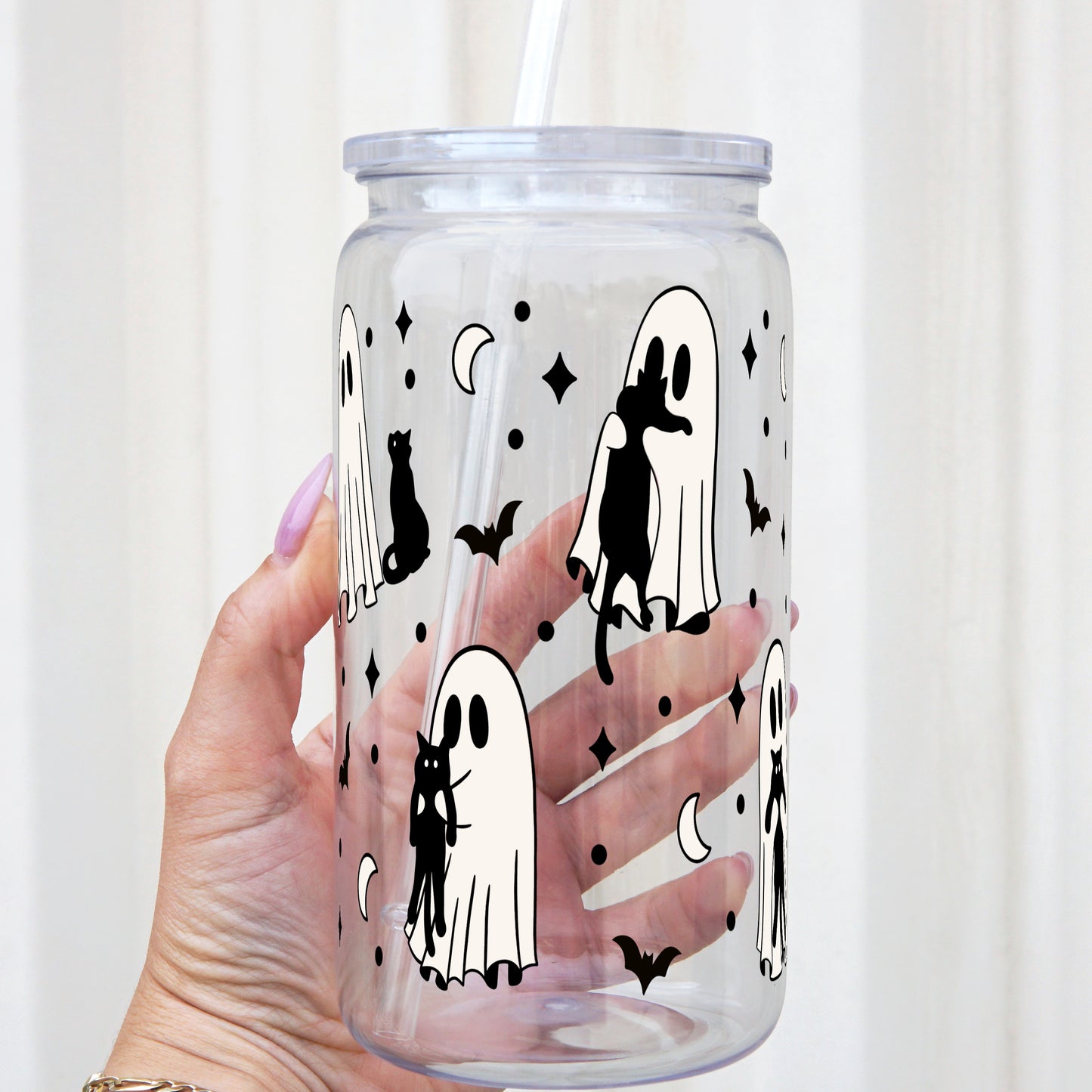 Ghost Holding Cats 16oz Acrylic Plastic Cup with Clear Plastic Lid