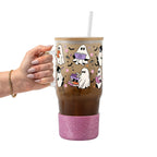 Ghosts and Books original UVDTF-printed design on a handmade glass tumbler with bamboo lid and straw by Sip-Sip Hooray!