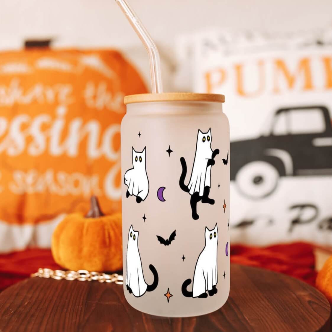 Ghost Black Cats Glass Can with Lid and Straw