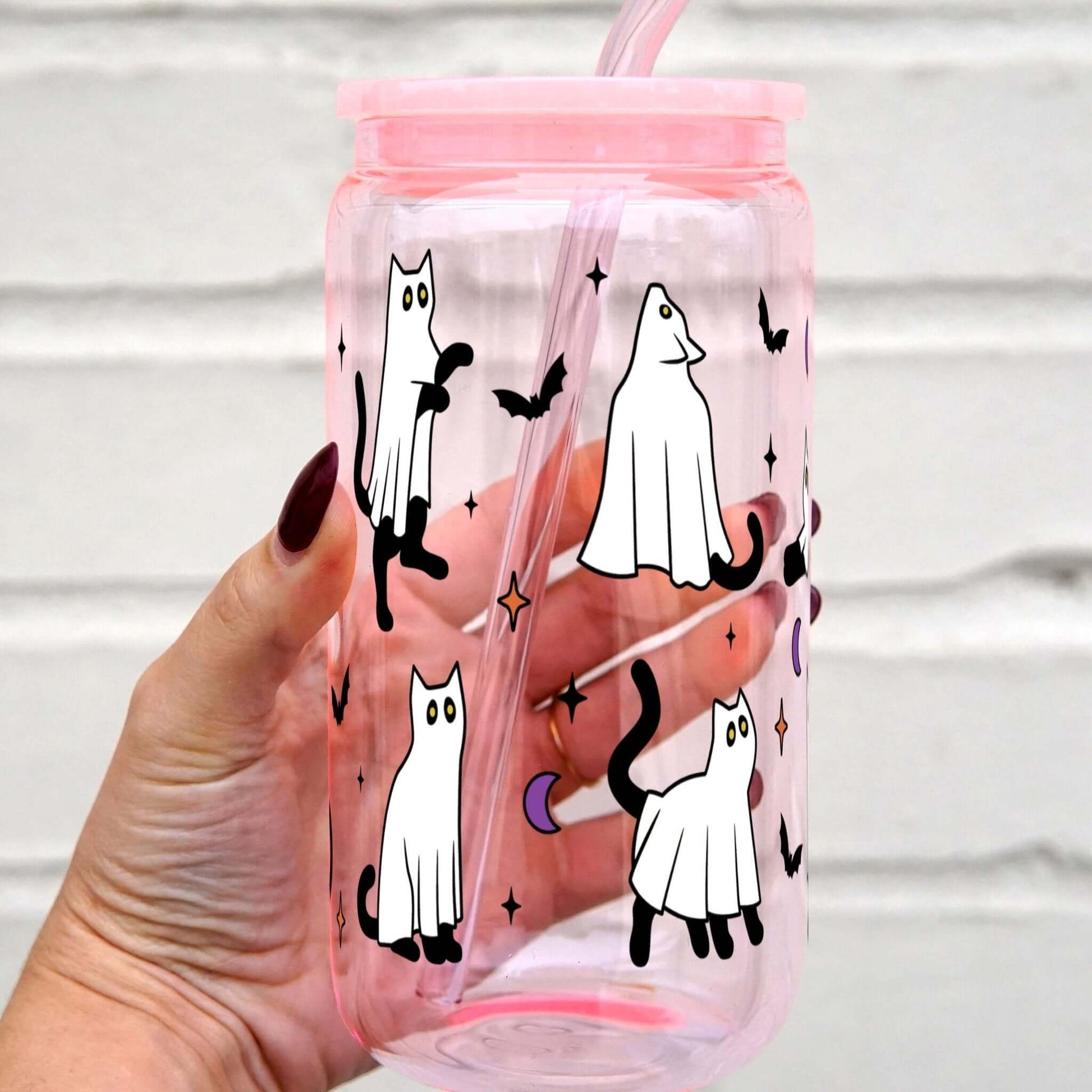 Ghost Black Cats Glass Can with Lid and Straw from Sip Sip Hooray – Tumblers
