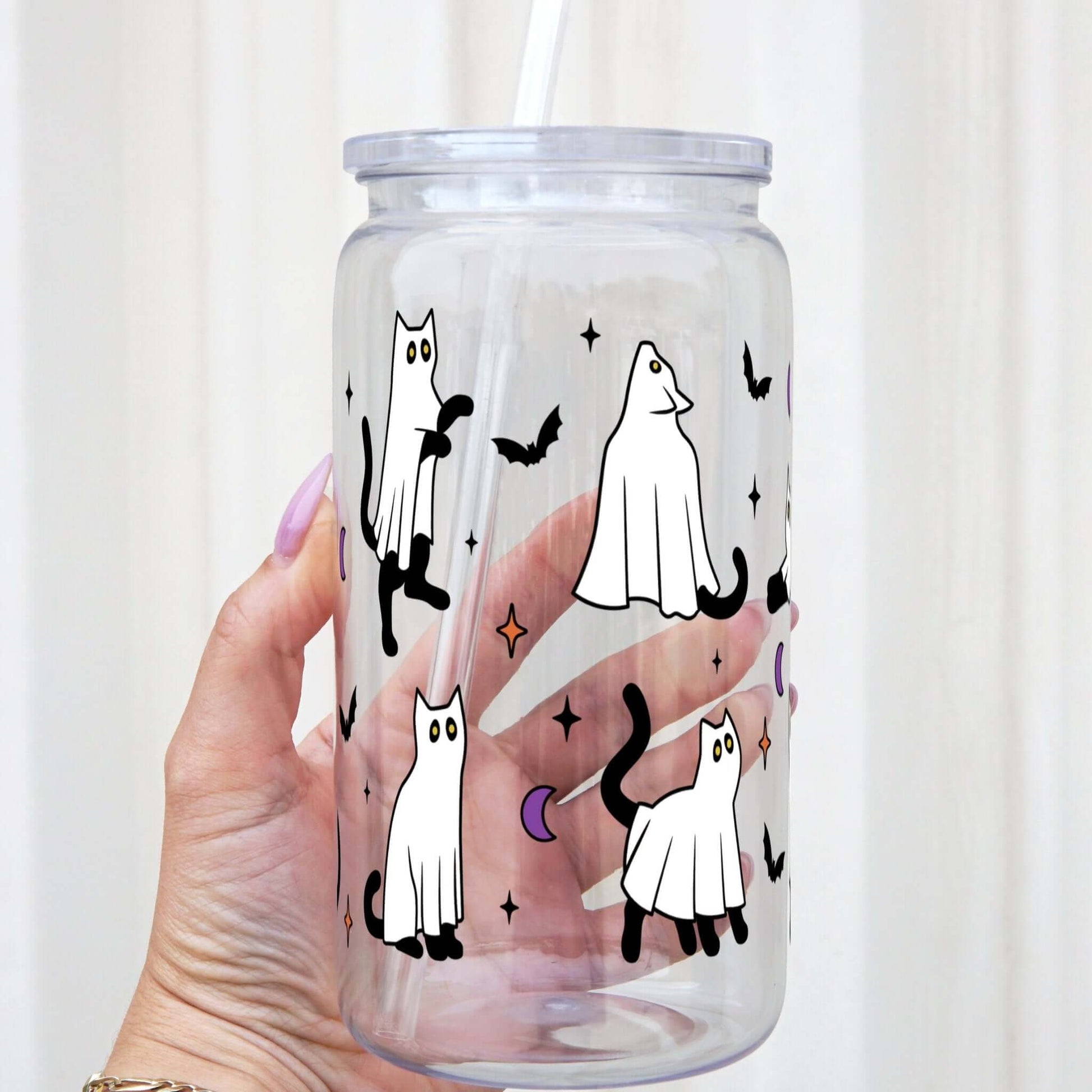 Ghost Black Cats Glass Can with Lid and Straw from Sip Sip Hooray – Tumblers
