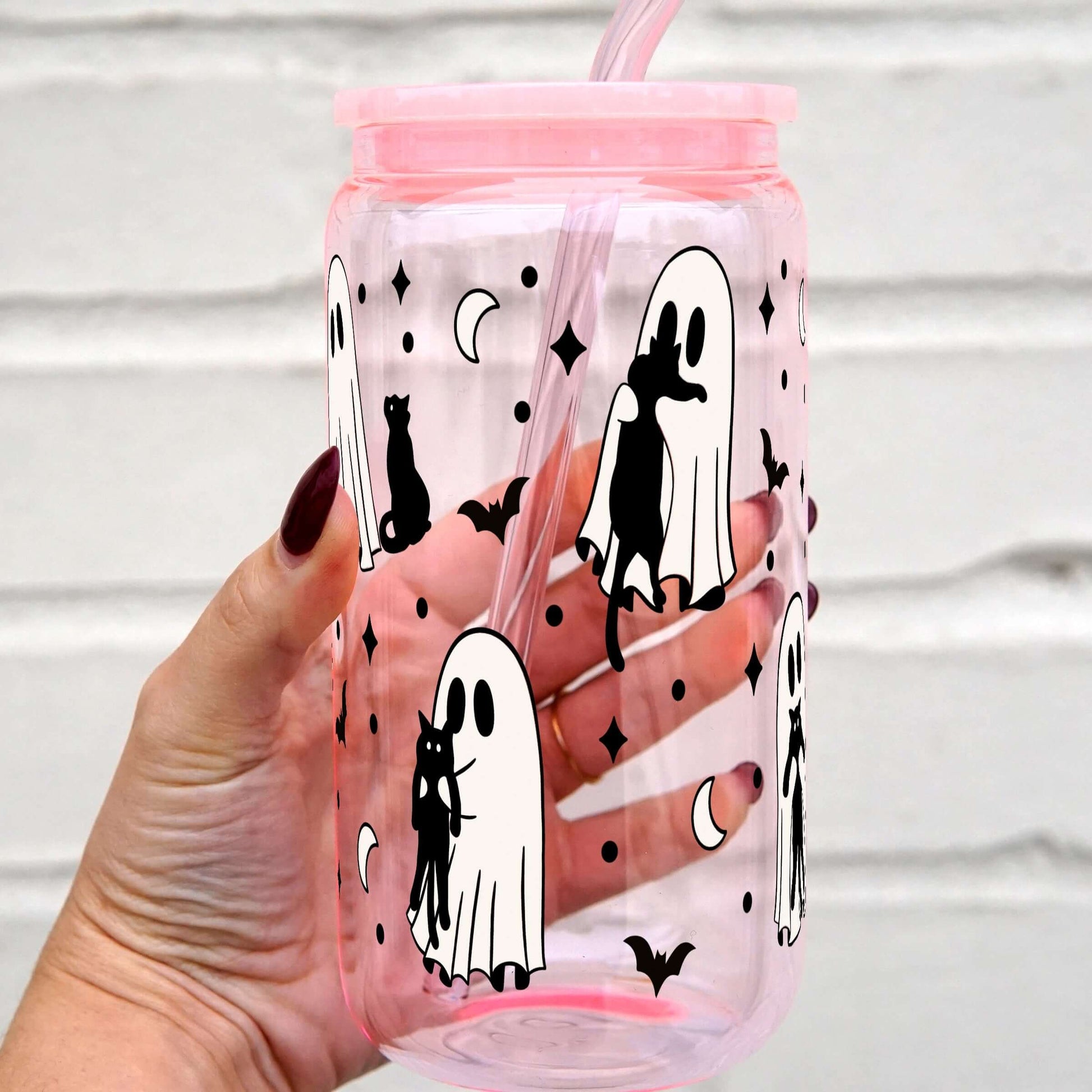 Ghosts Holding Cats Cup With Lid and Straw from Sip Sip Hooray – Tumblers