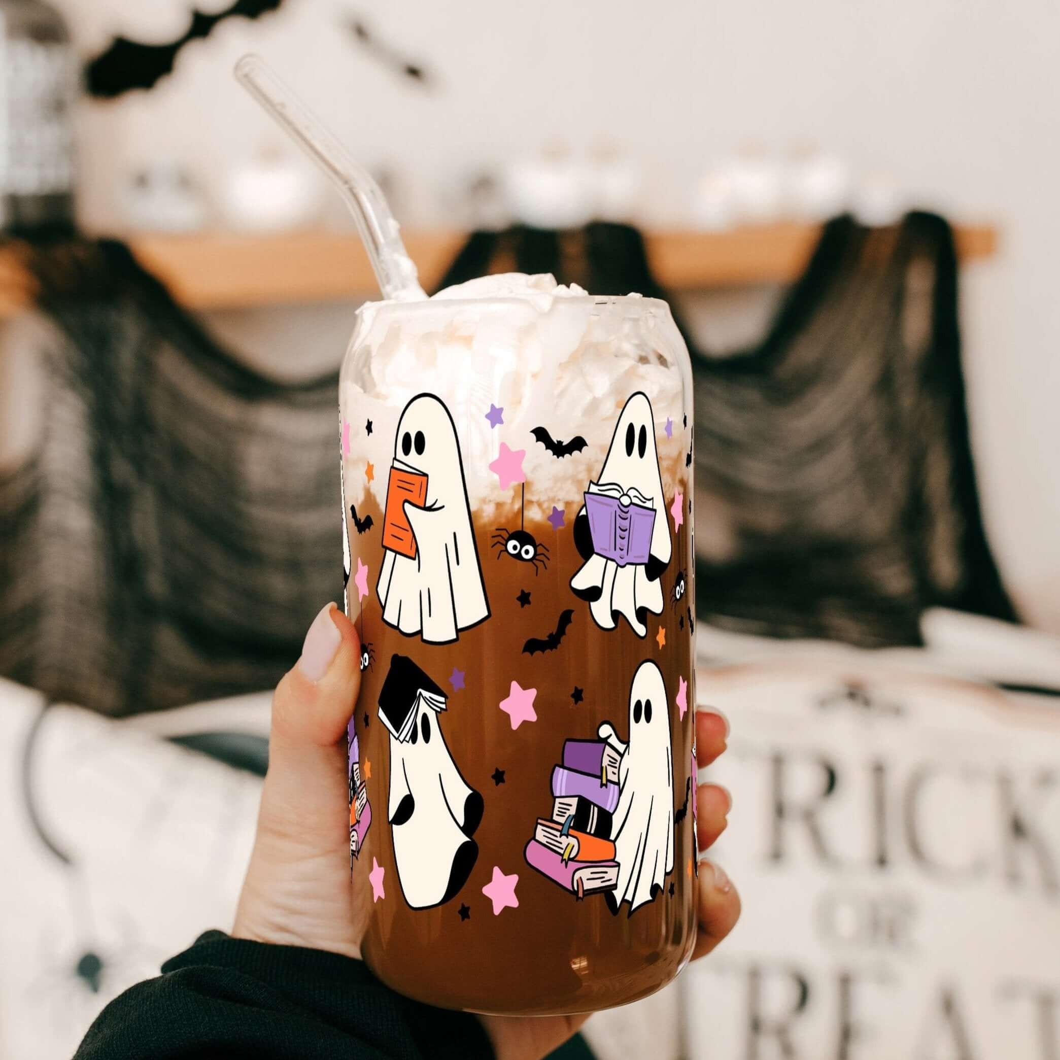 Ghosts and Books Glass Can With Lid and Straw
