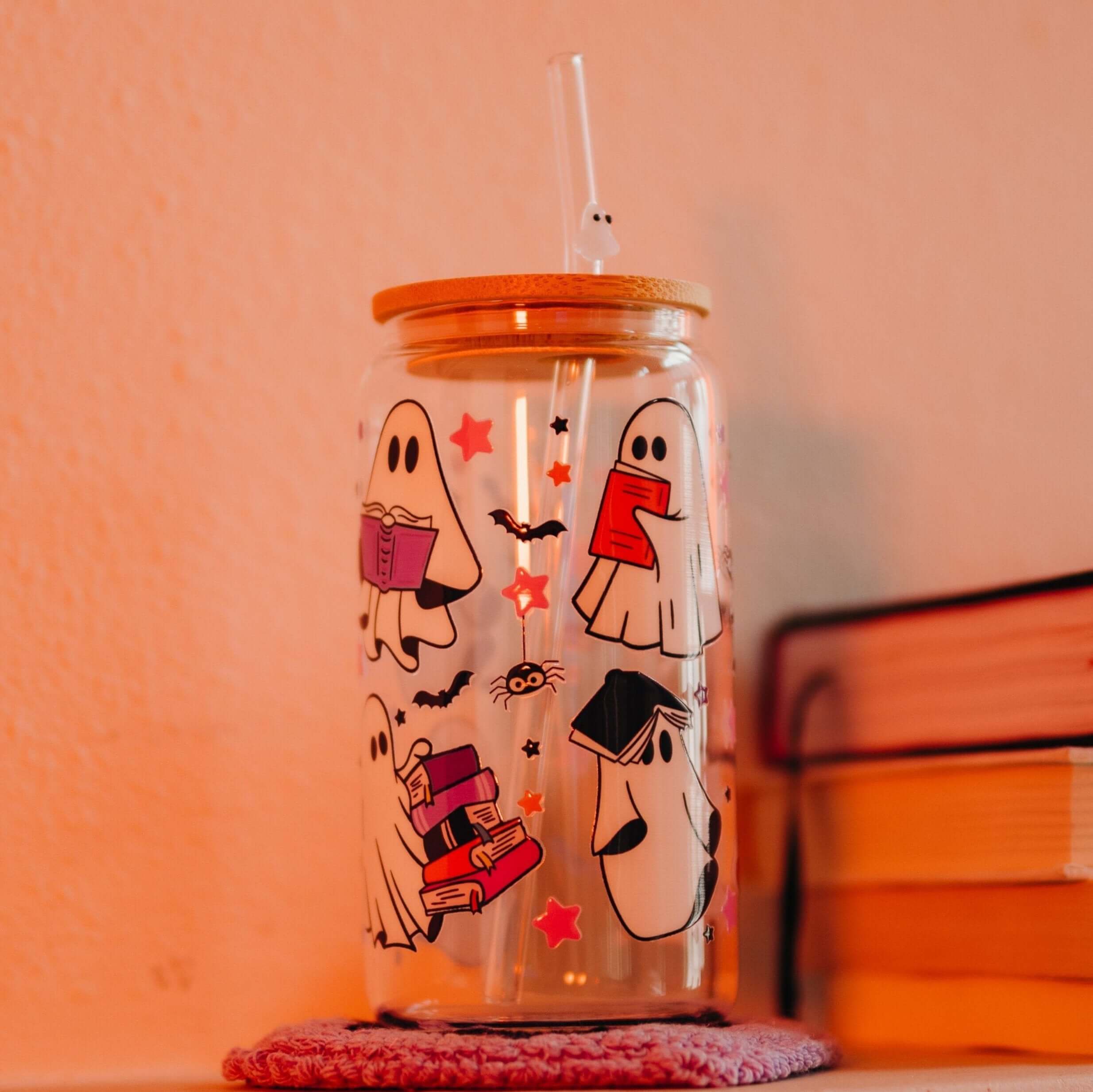 Ghosts and Books Glass Can With Lid and Straw
