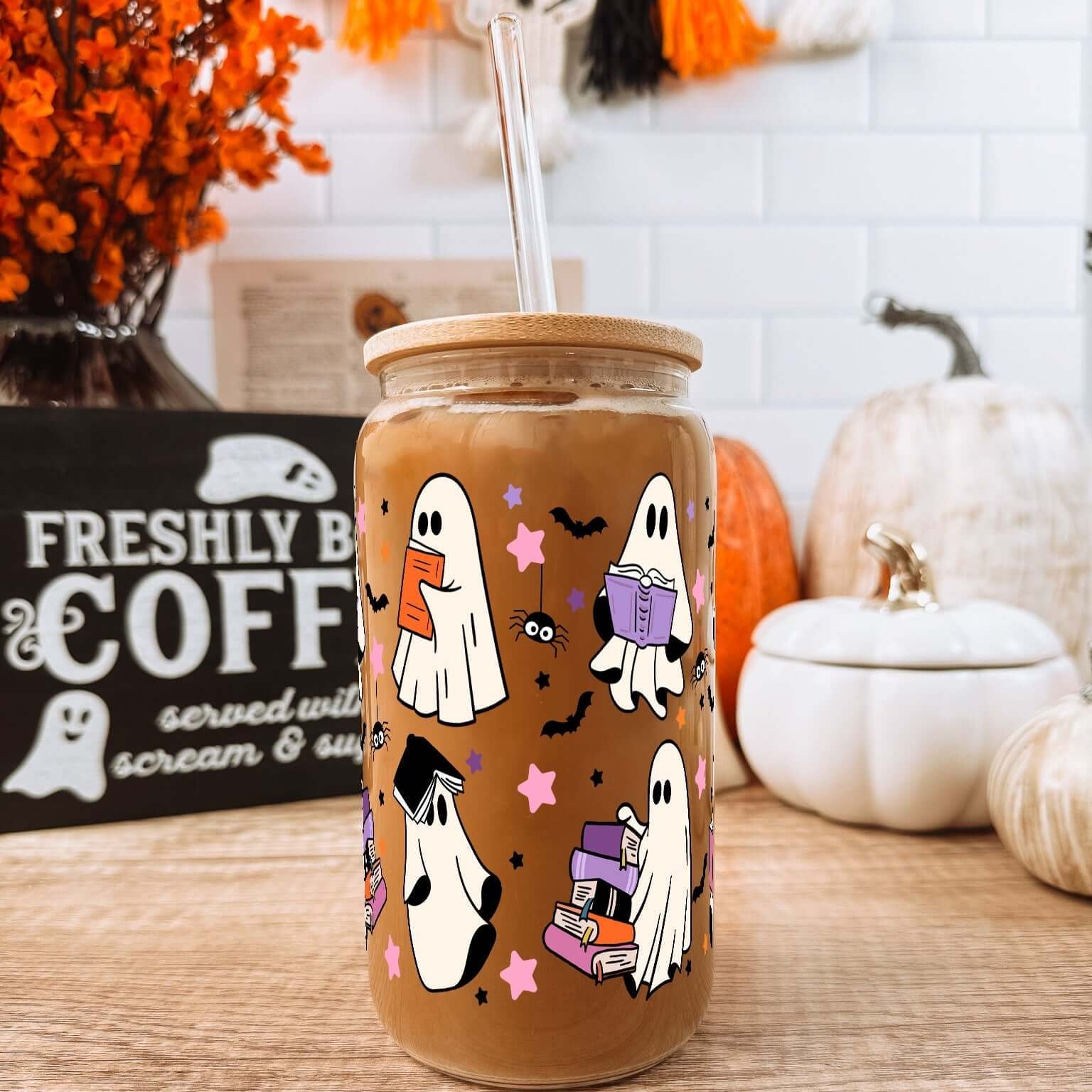 Ghosts and Books Glass Can With Lid and Straw from Sip Sip Hooray – Tumblers