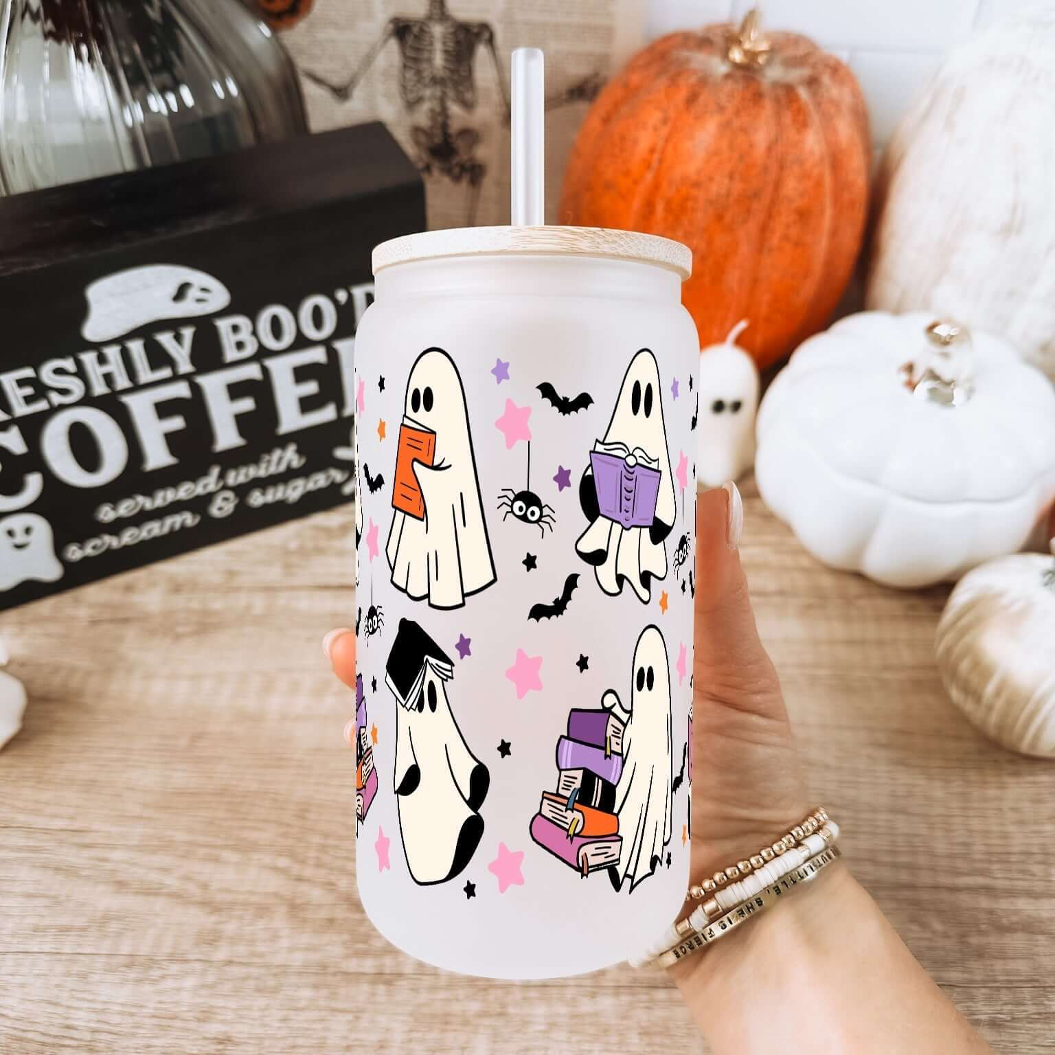 Ghosts and Books Glass Can With Lid and Straw from Sip Sip Hooray – Tumblers