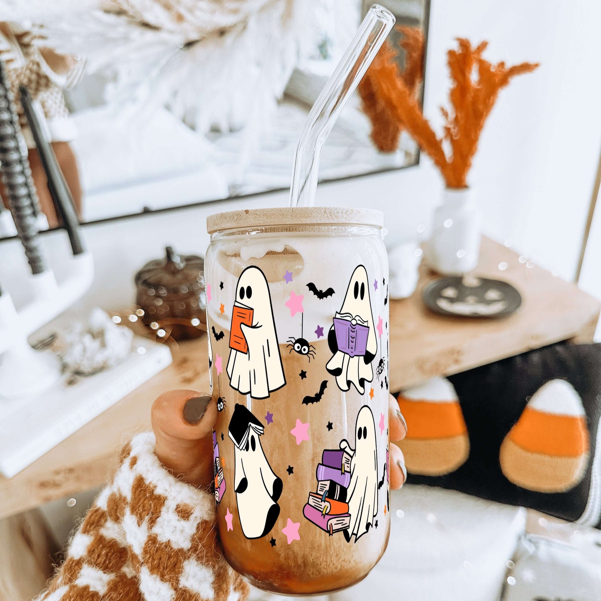 Ghosts and Books Glass Can With Lid and Straw from Sip Sip Hooray – Tumblers