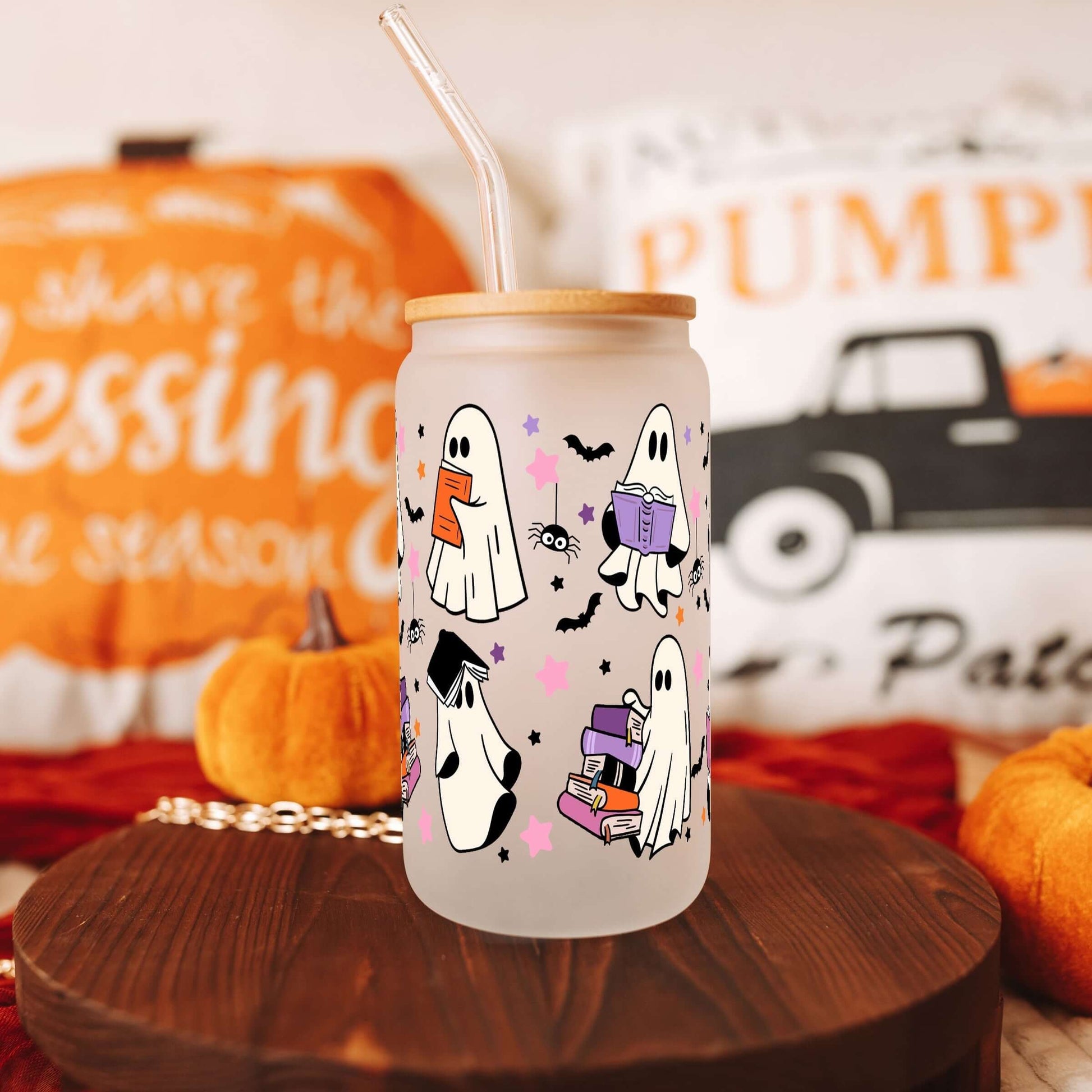 Ghosts and Books Glass Can With Lid and Straw from Sip Sip Hooray – Tumblers