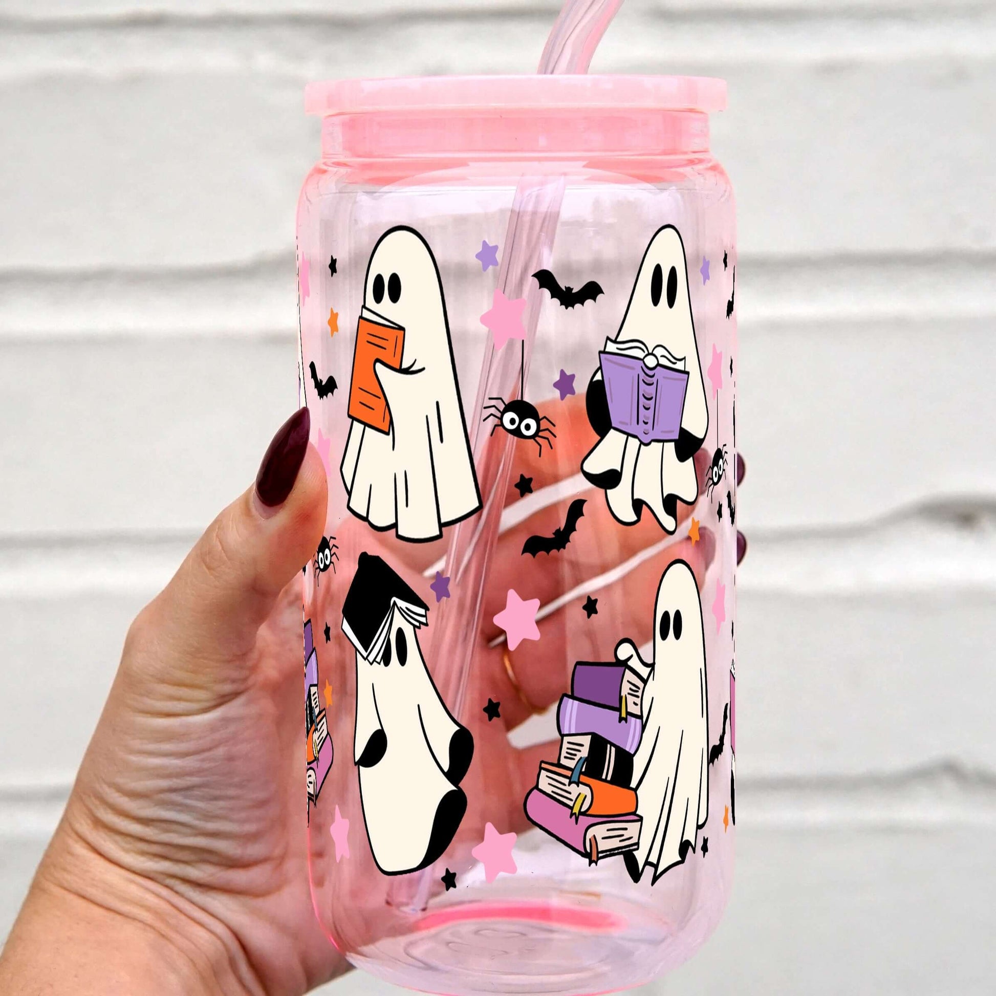 Ghosts and Books Glass Can With Lid and Straw from Sip Sip Hooray – Tumblers