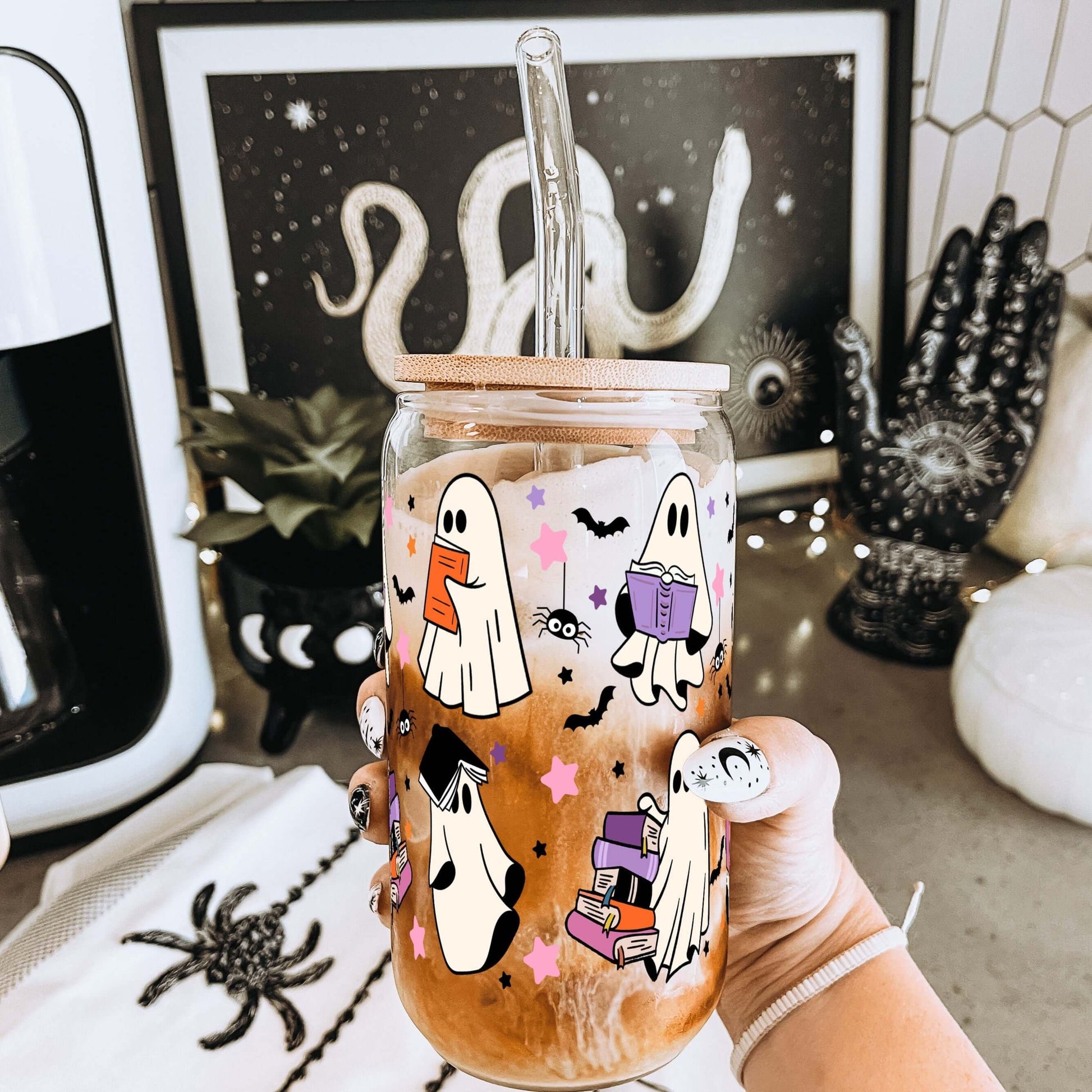 Ghosts and Books Glass Can With Lid and Straw from Sip Sip Hooray – Tumblers