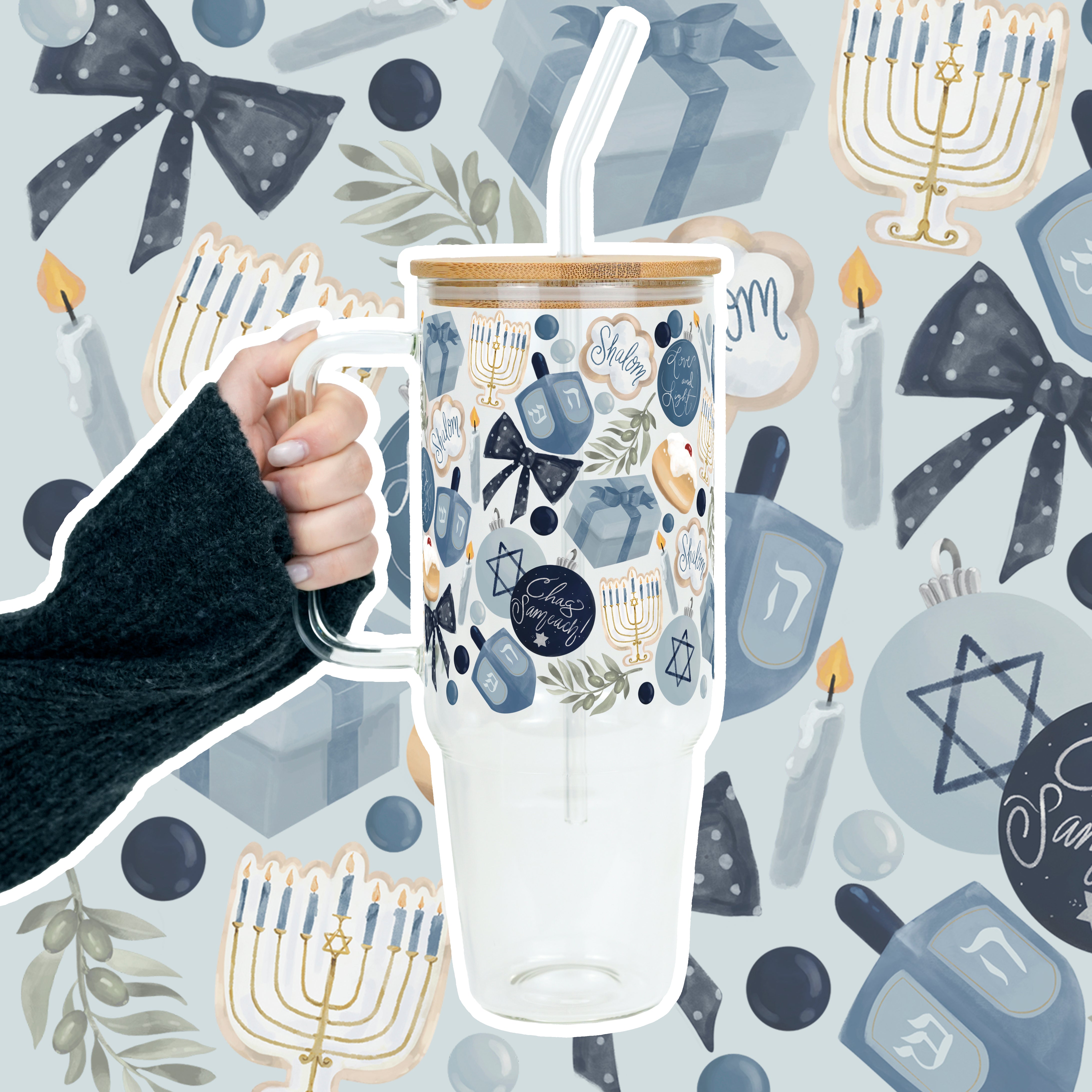 Cozy Hanukkah Tumbler with Handle Lid & Straw