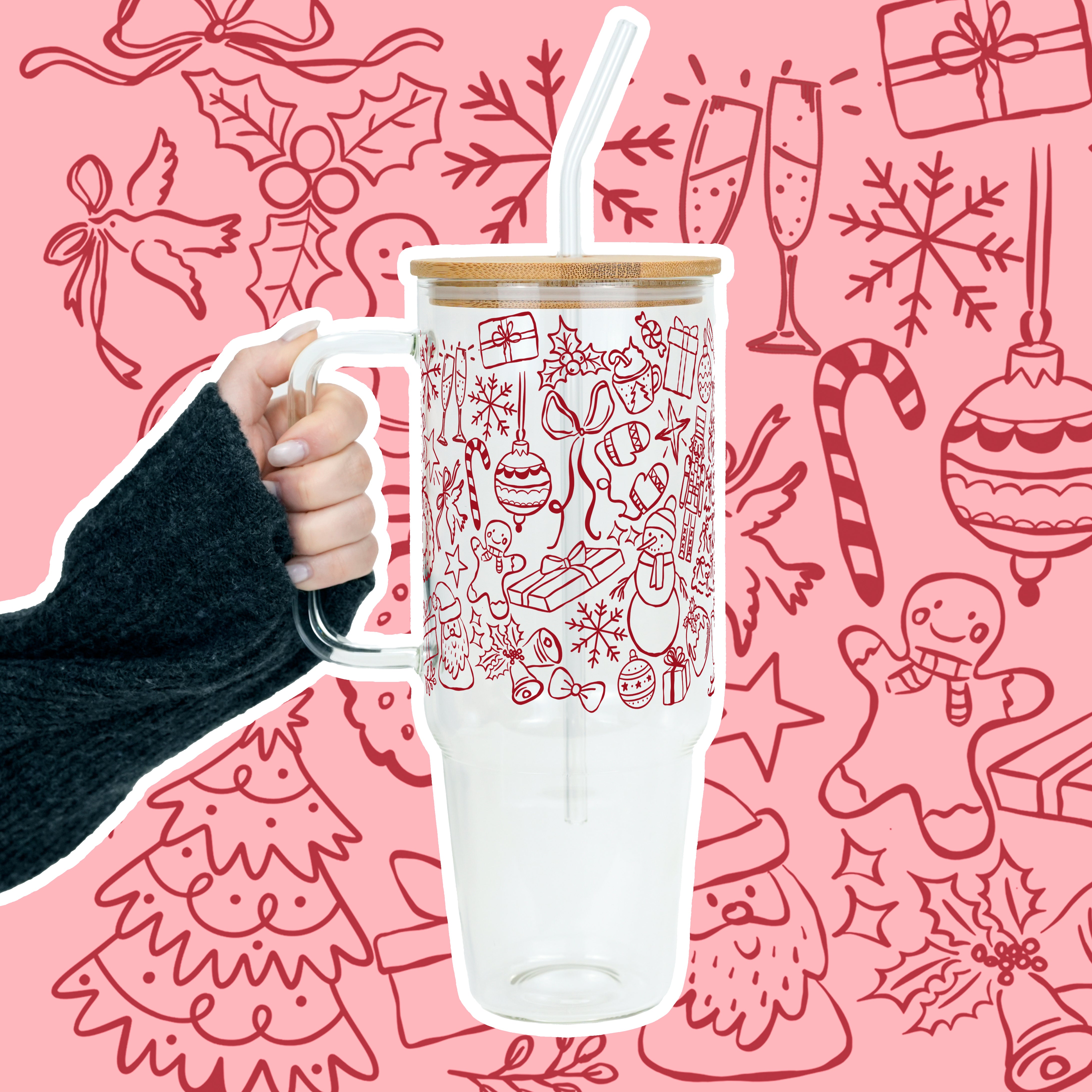 Christmas Doodles Tumbler with Handle Lid & Straw