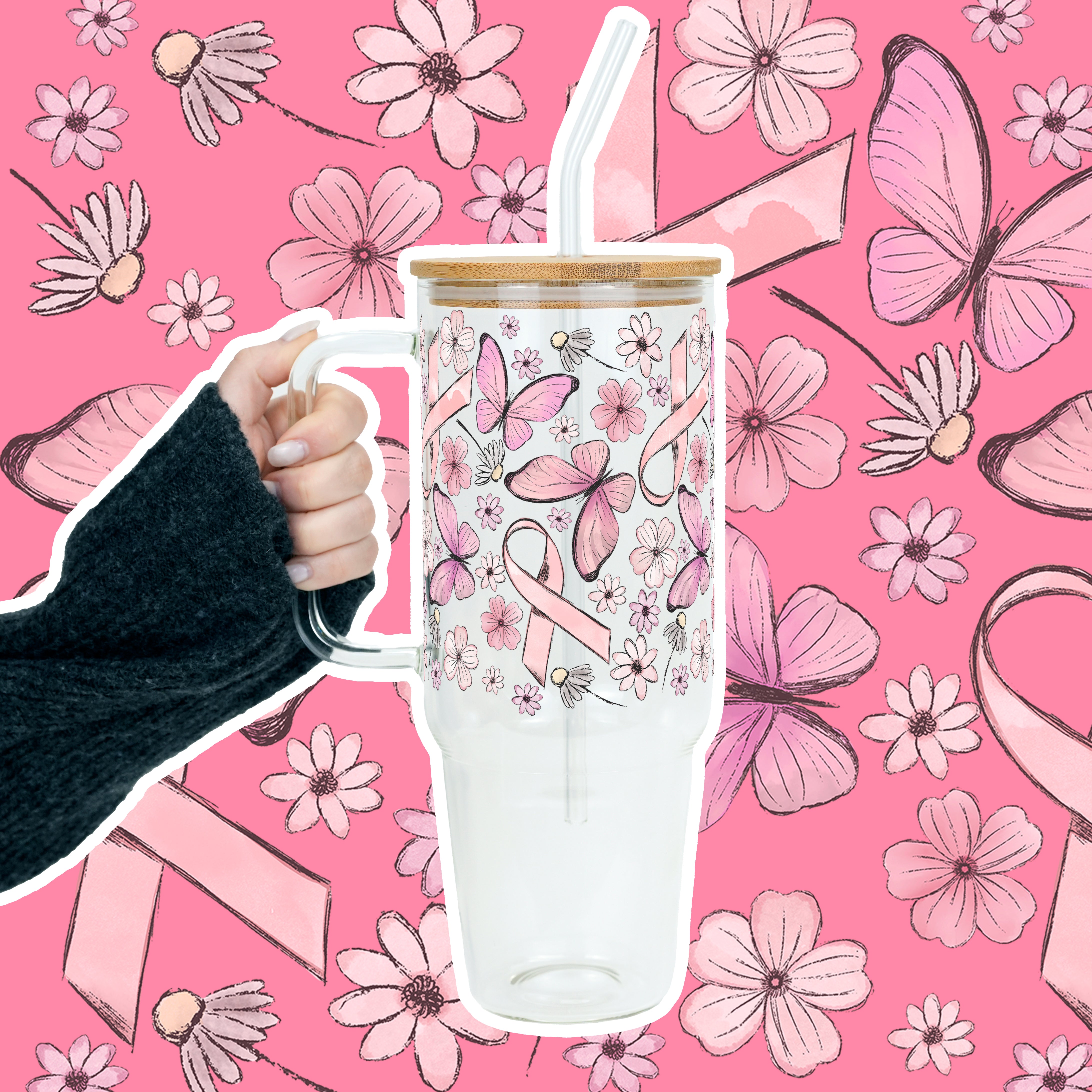 Pink Ribbon Tumbler With Lid and Straw