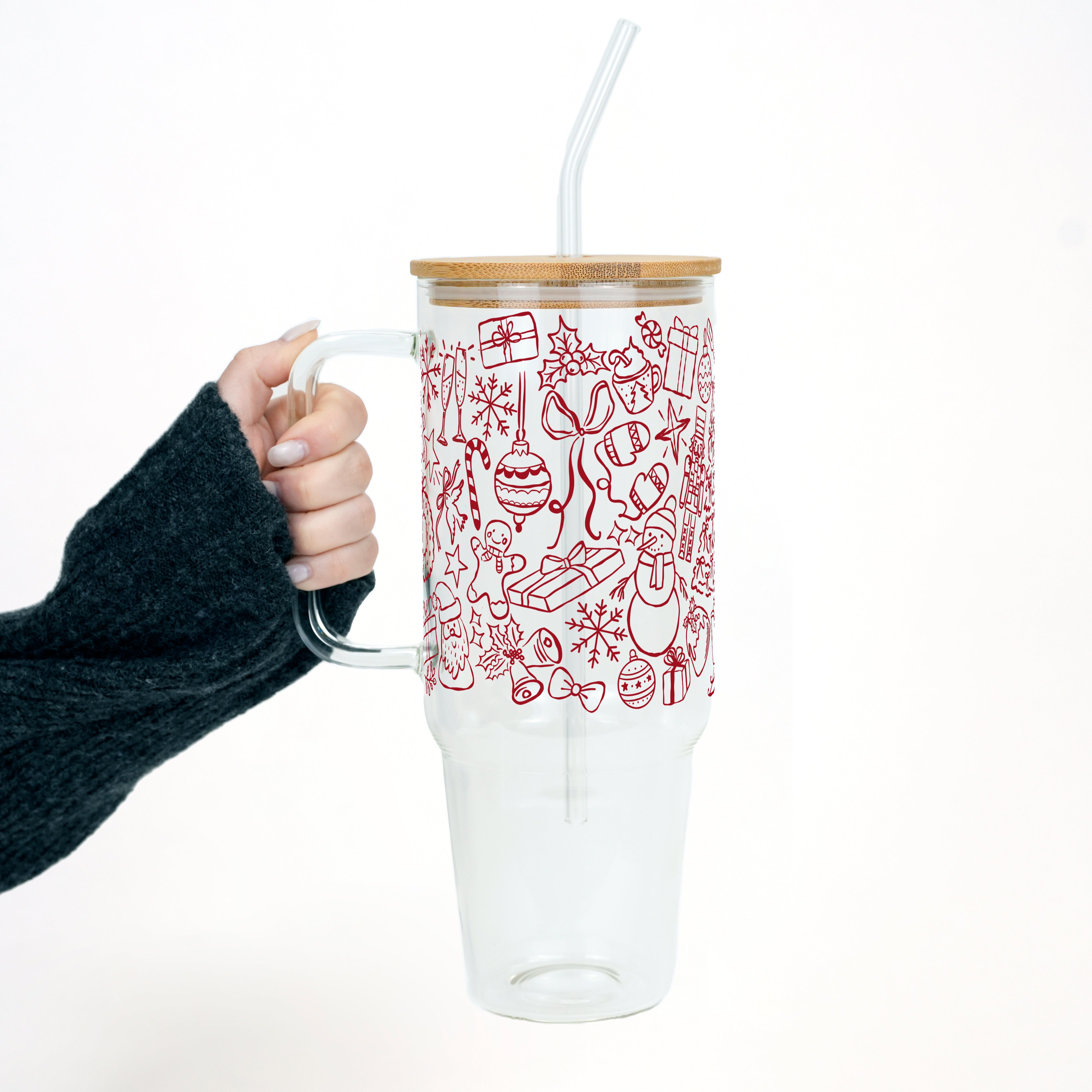 Christmas Doodles Tumbler with Handle Lid & Straw