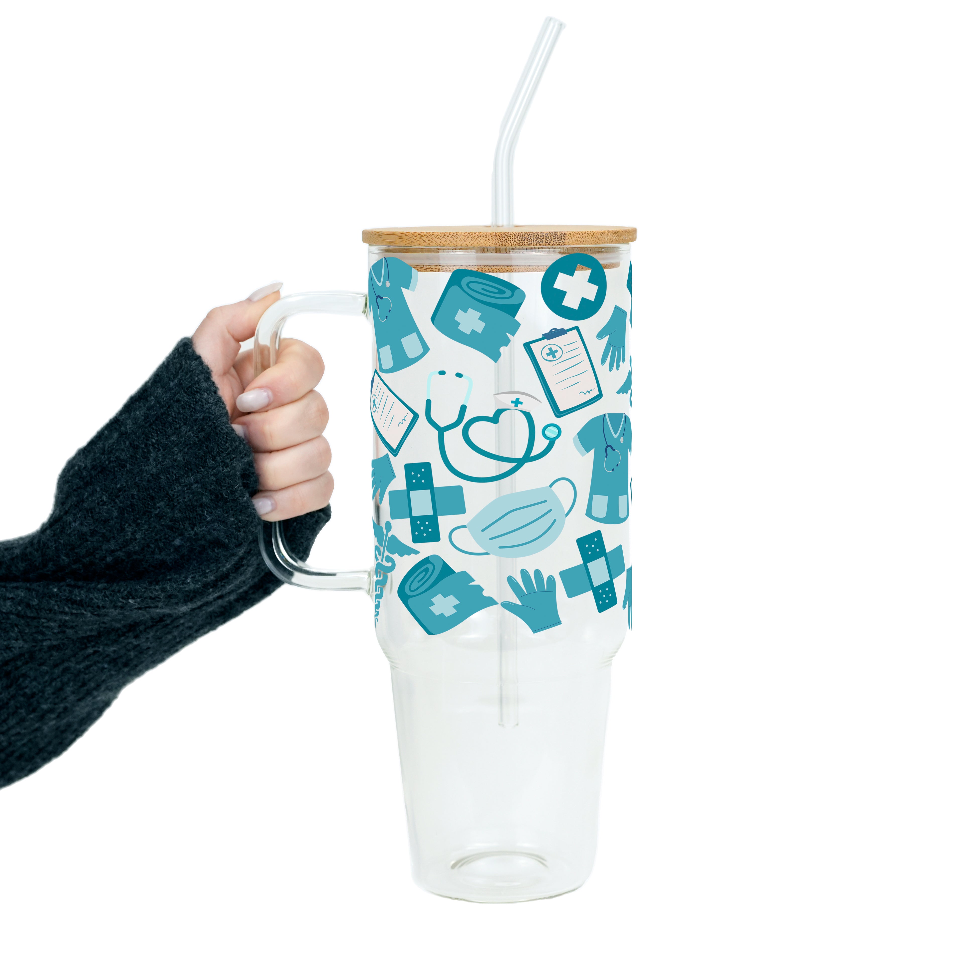 Blue Medical Glass Cup, Mug & Tumbler with Lid and Straw