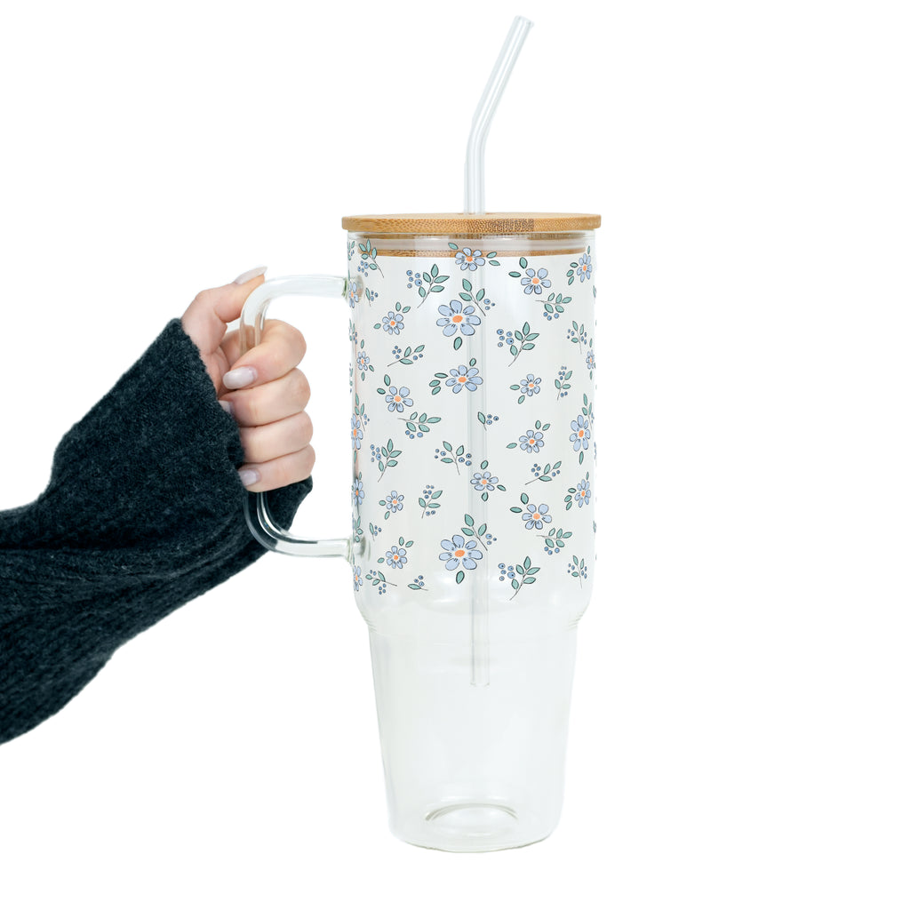 Minimalist Blue Flowers Glass Cup, Mug & Tumbler with Lid and Straw