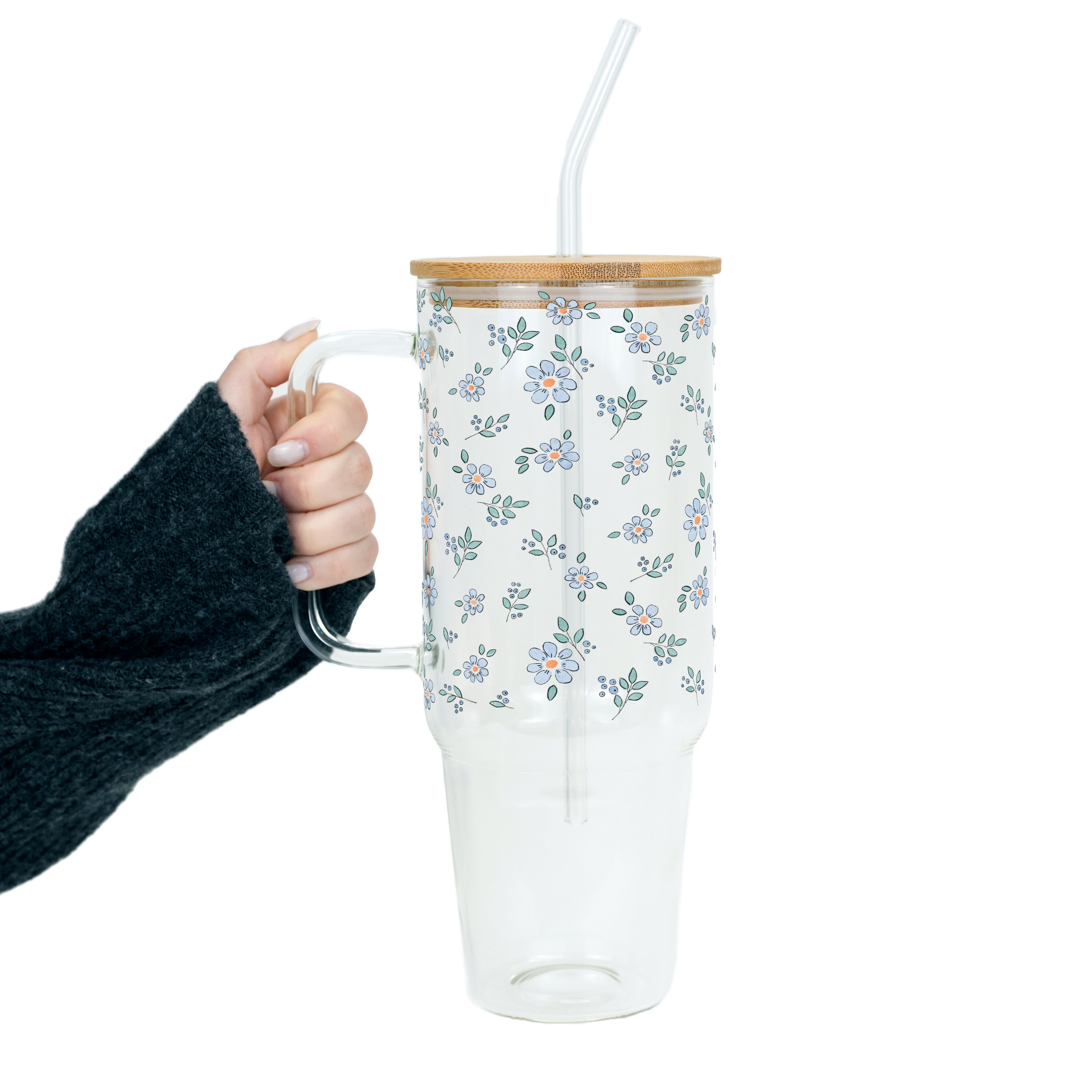 Minimalist Blue Flowers Glass Cup, Mug & Tumbler with Lid and Straw