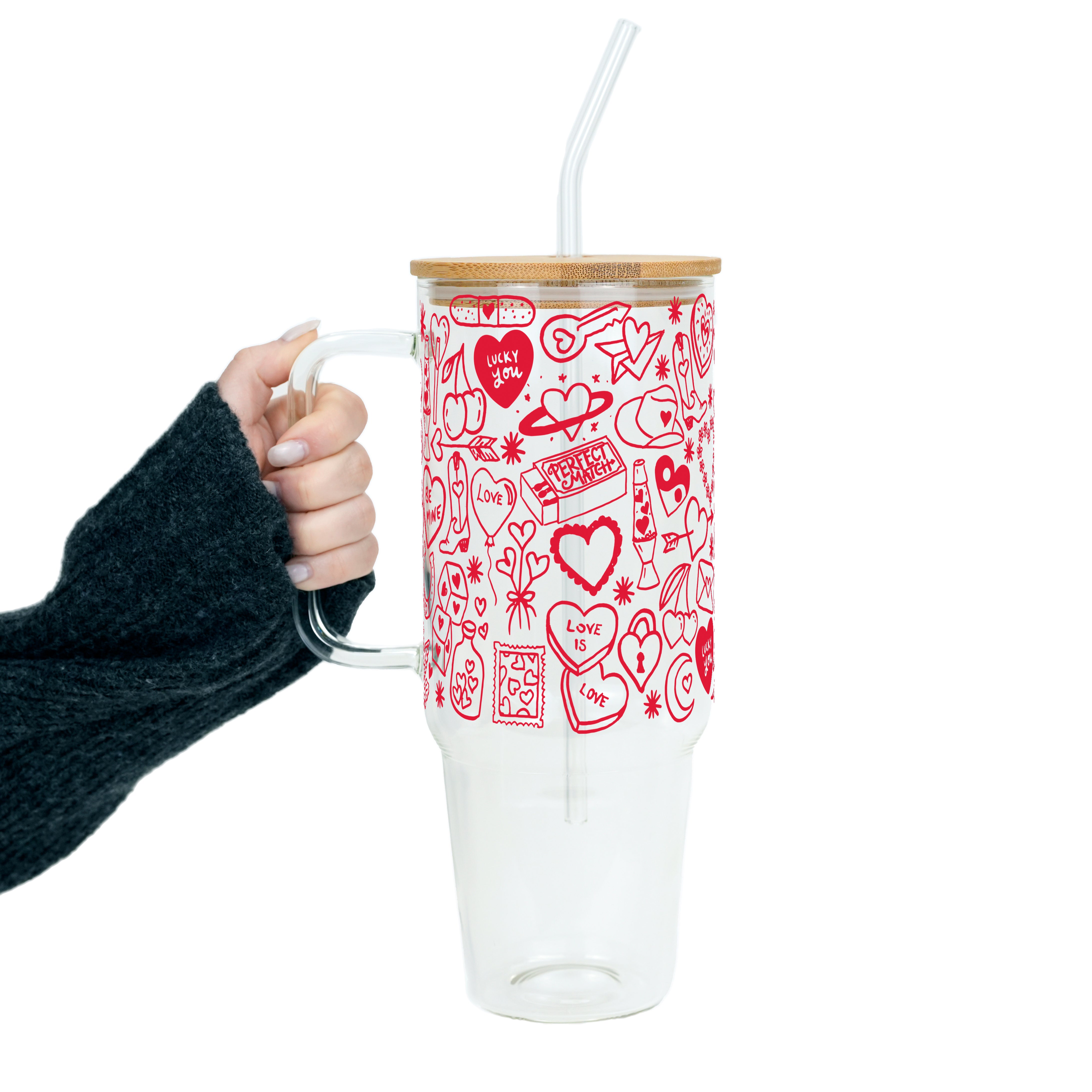 Red Tiny Tattoo Tumbler with Handle Lid & Straw