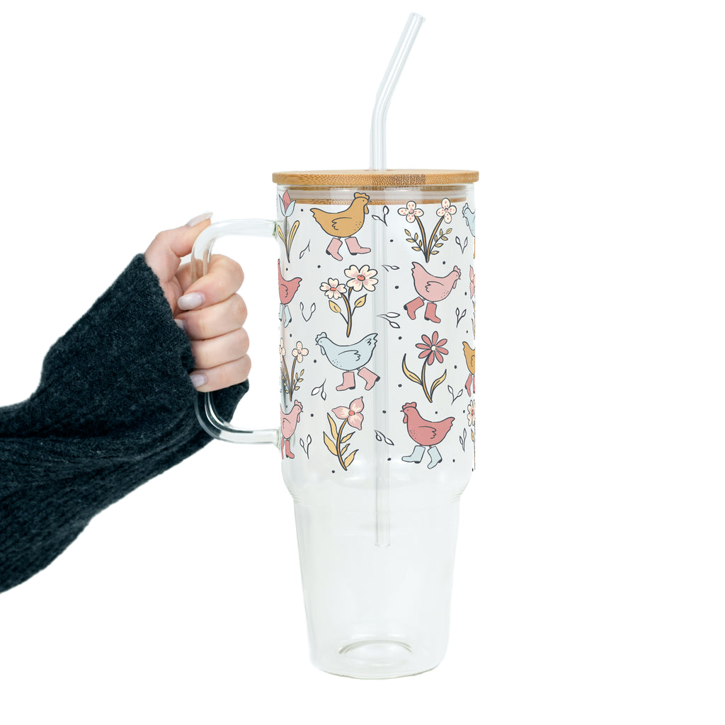 Funky Chickens Glass Cup, Mug & Tumbler with Lid and Straw