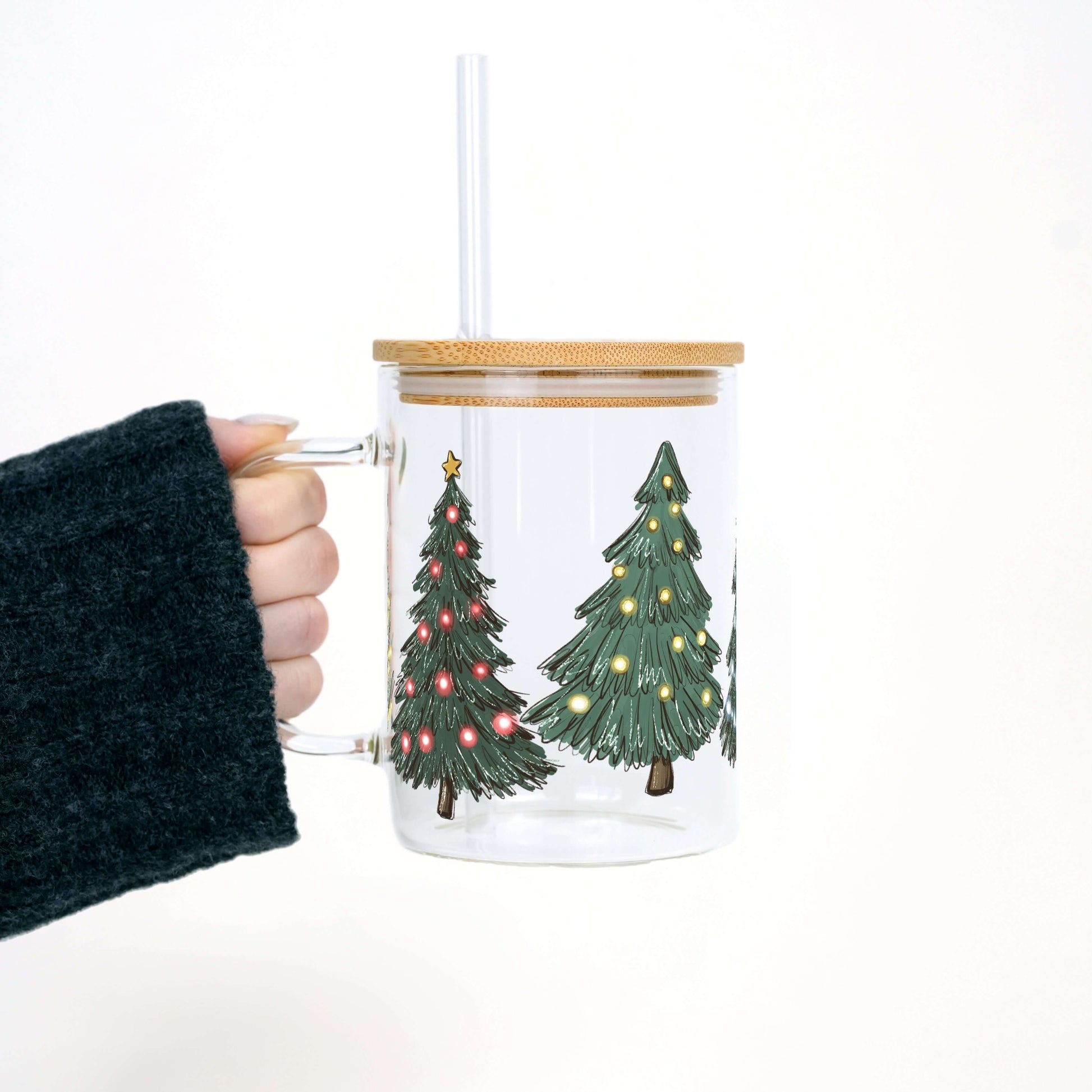 Green Christmas Trees 17oz Glass Mug With Lid and Straw from Sip Sip Hooray – Mugs