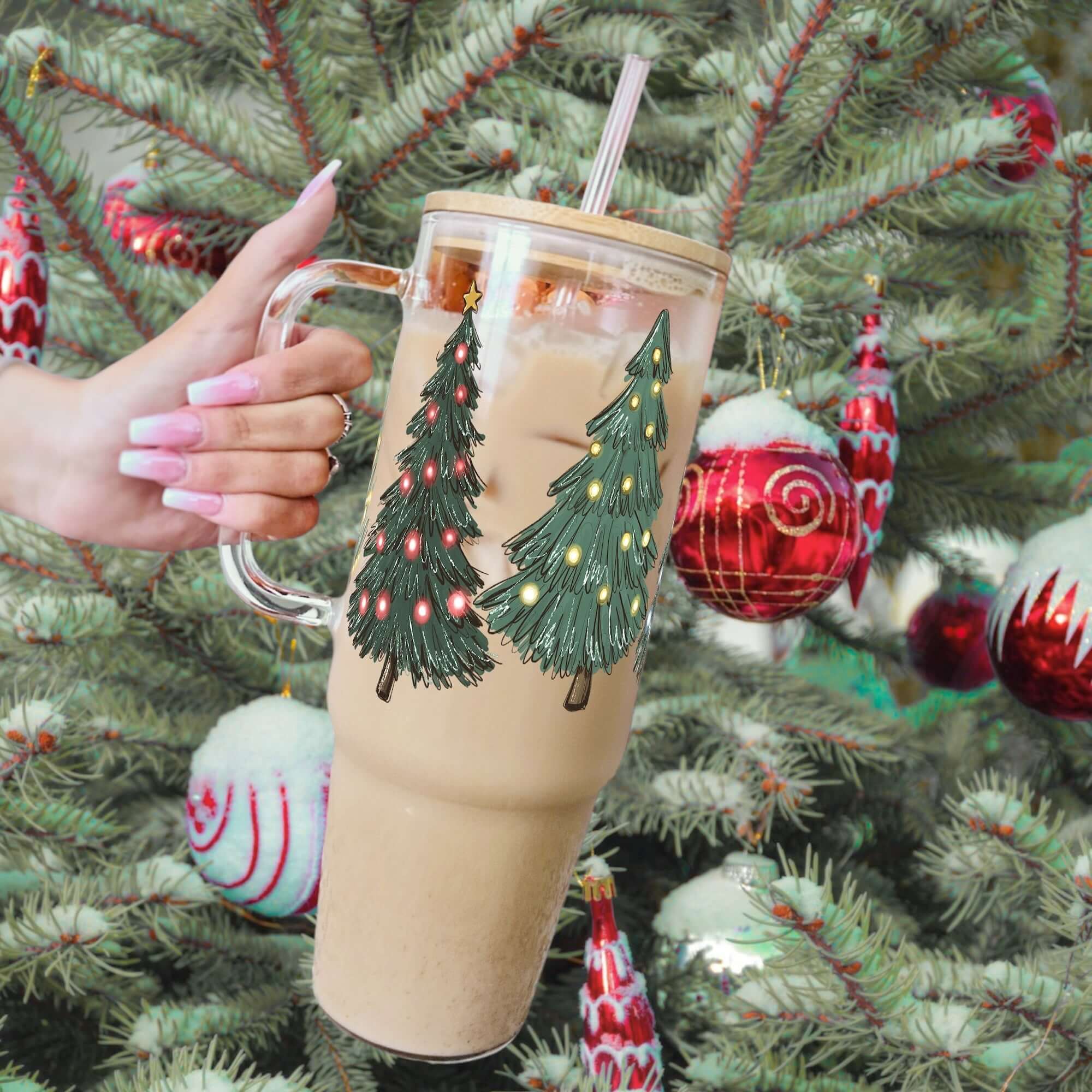 Green Christmas Trees Tumbler With Lid and Straw