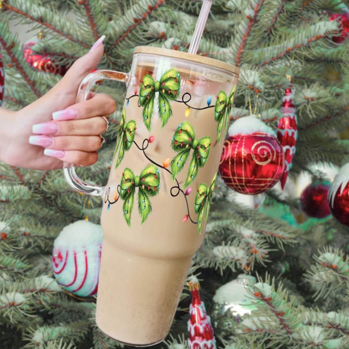 Green Fur Bow Tumbler With Lid and Straw