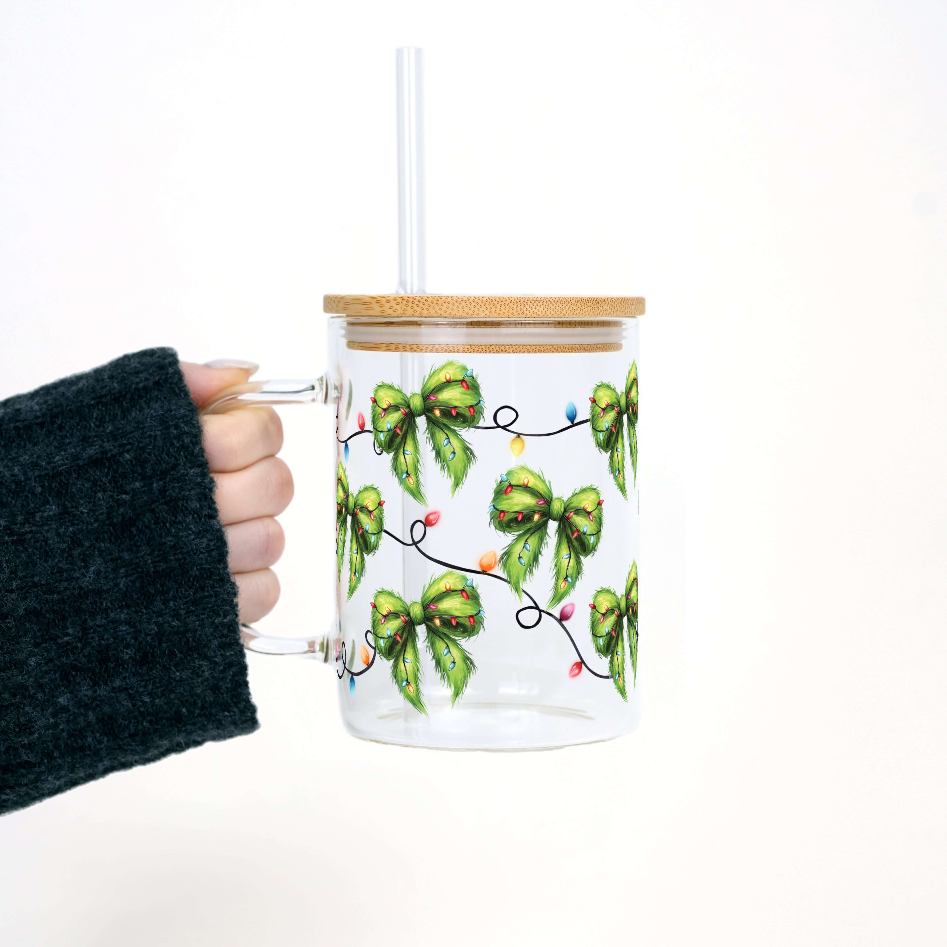 Green Fur Bows 17oz Glass Mug With Lid and Straw