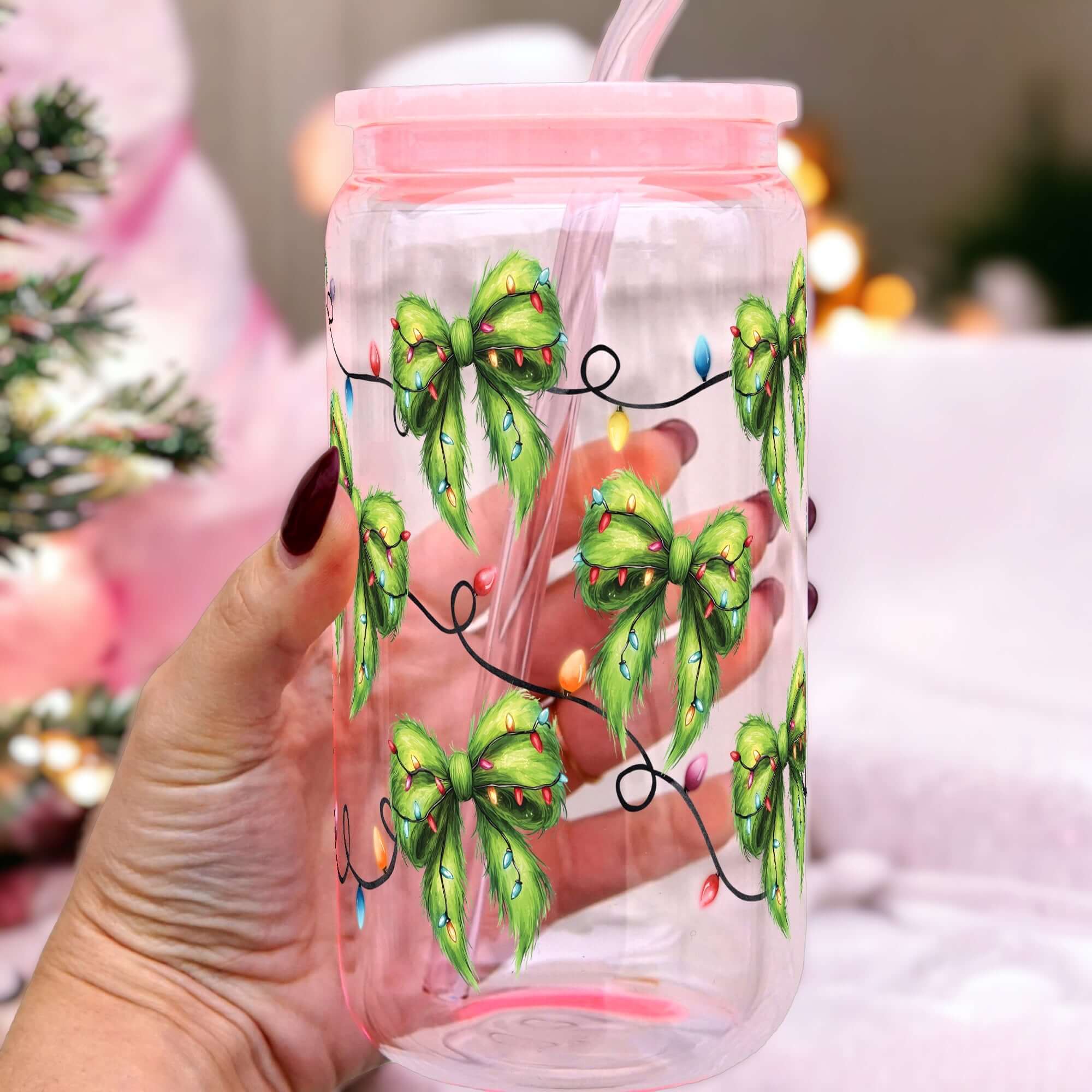 Green Fur Bows Cup With Lid and Straw
