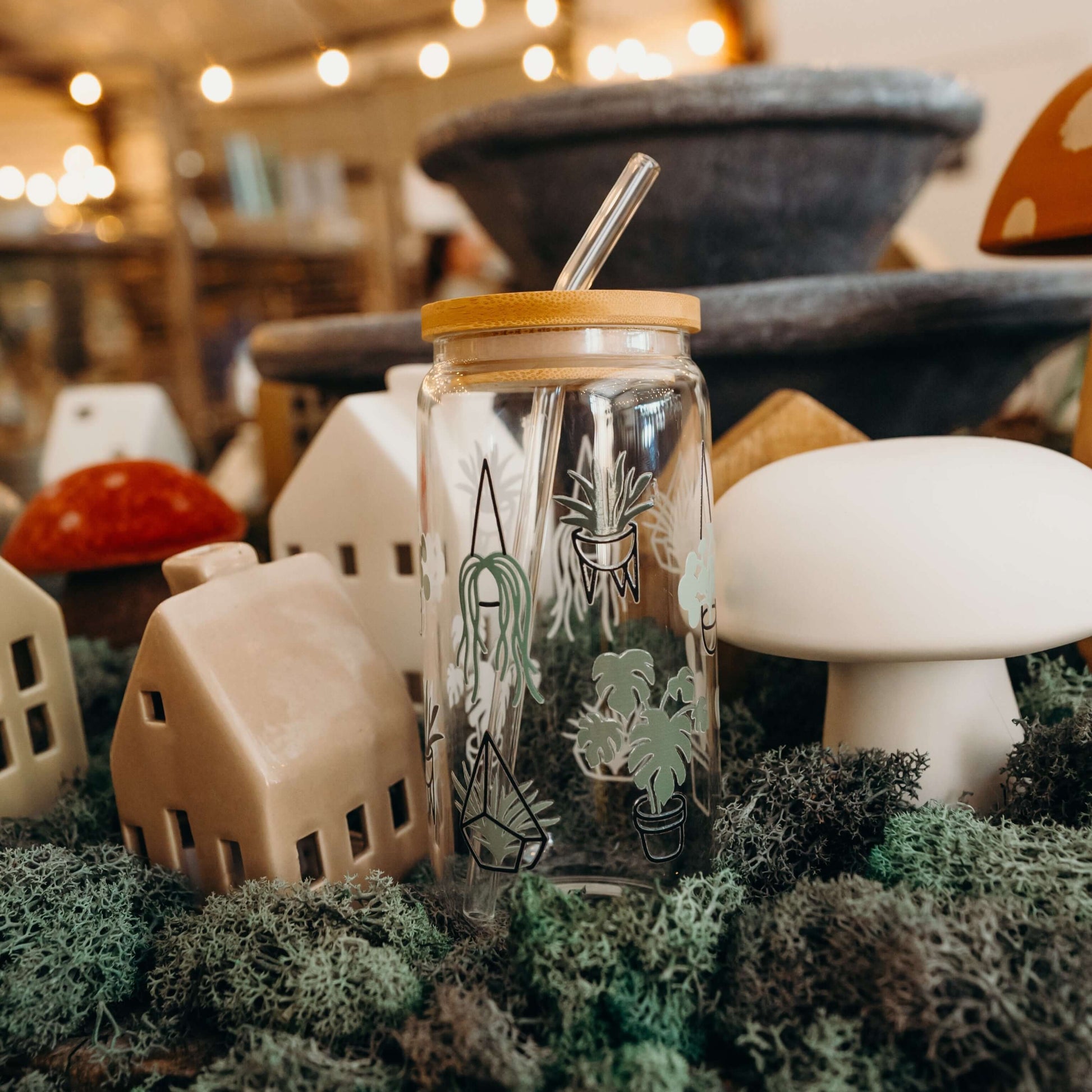 Greenery Plants Glass Can With Lid and Straw from Sip Sip Hooray – Drinkware