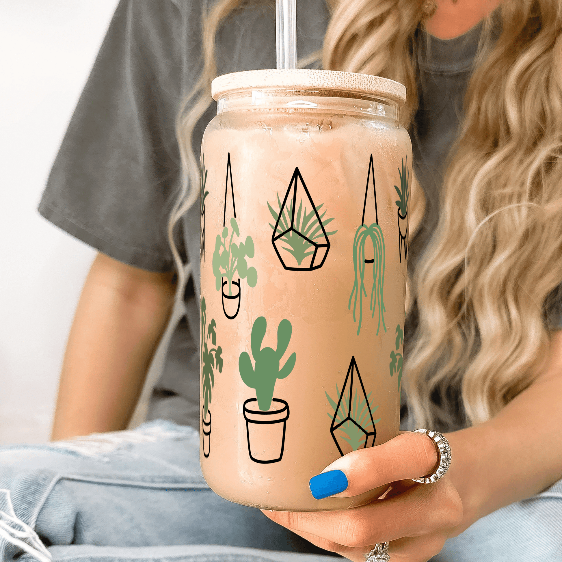 Greenery Plants Glass Can With Lid and Straw from Sip Sip Hooray – Drinkware