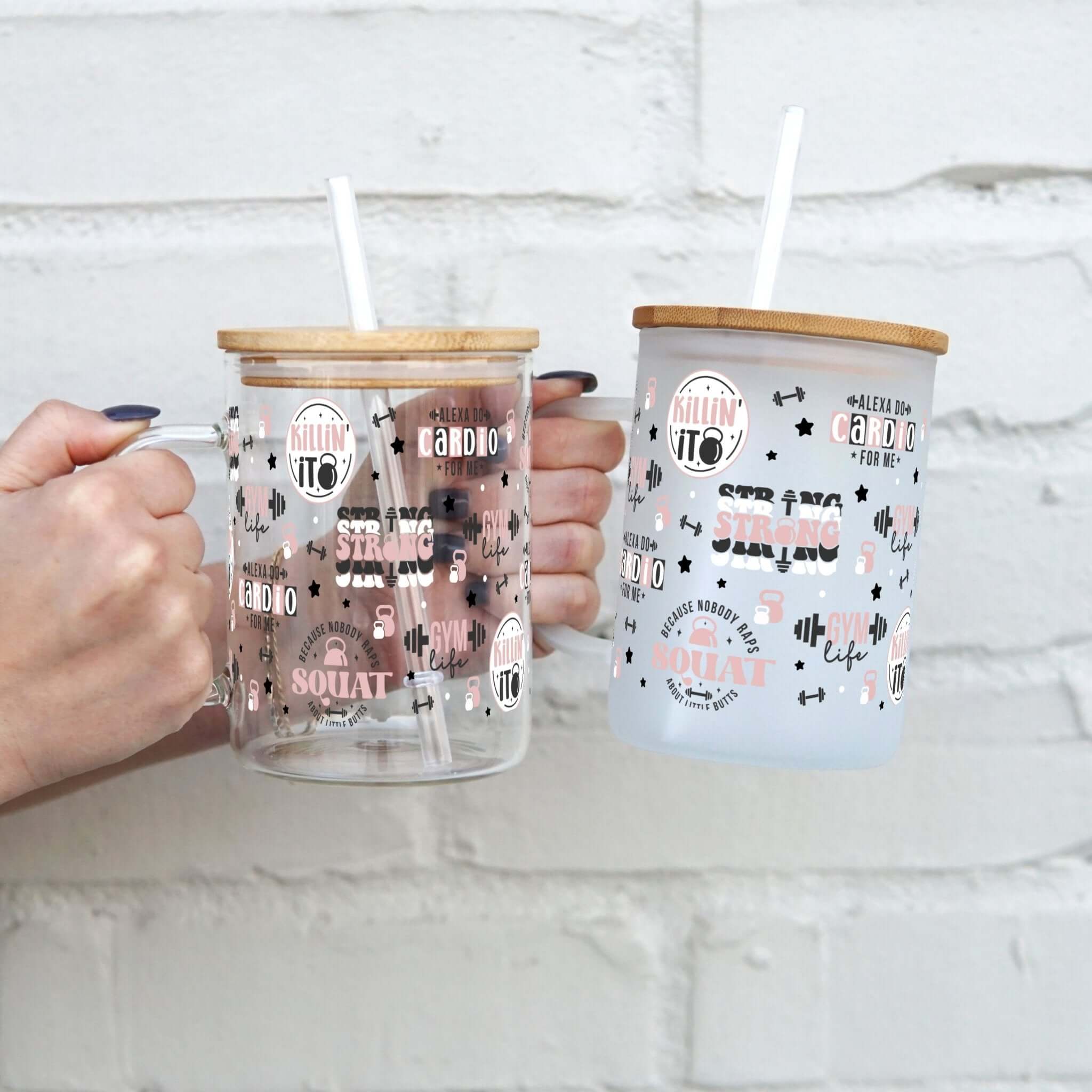 Gym Motivation 17oz Glass Mug With Lid and Straw