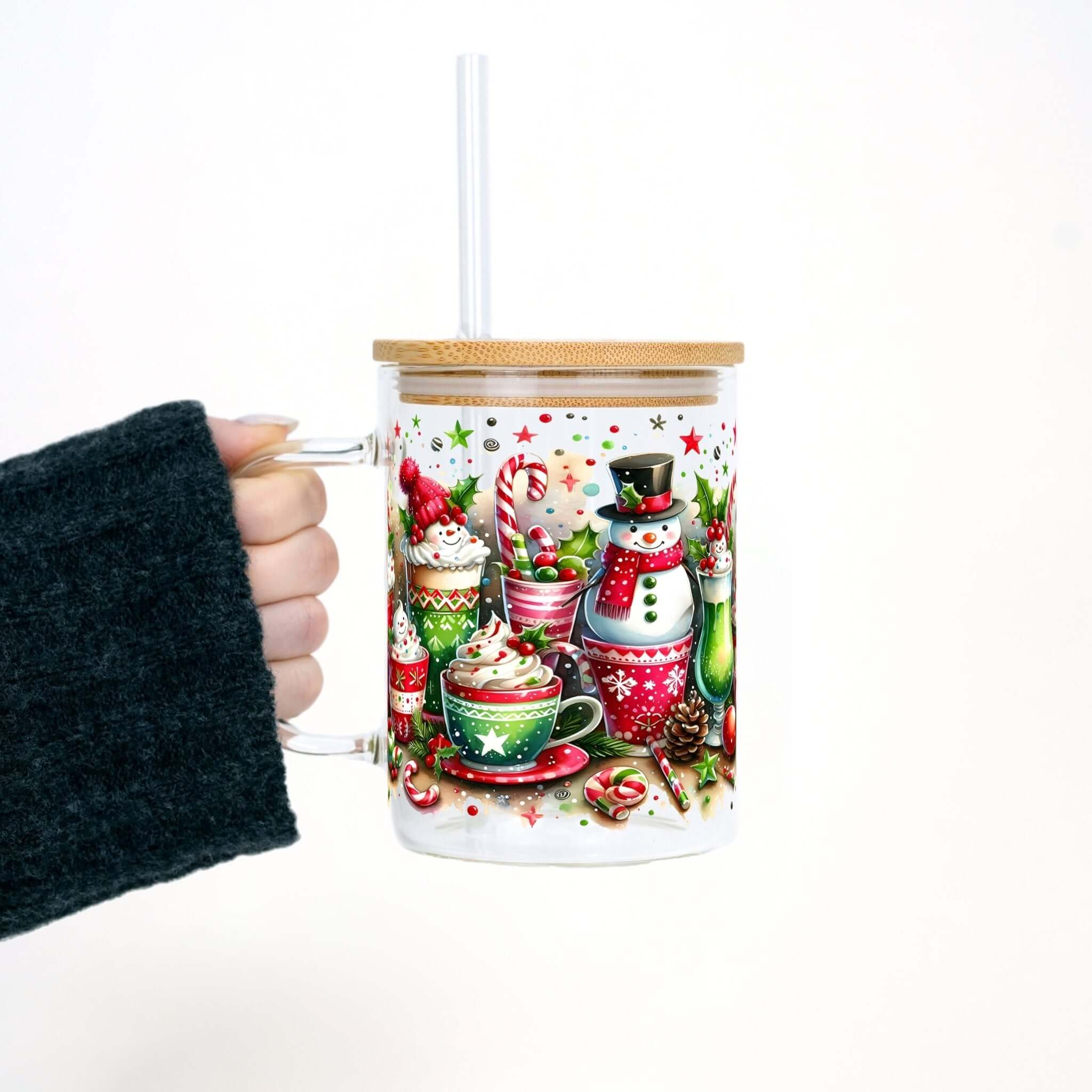 Holiday Snowman 17oz Glass Mug With Lid and Straw
