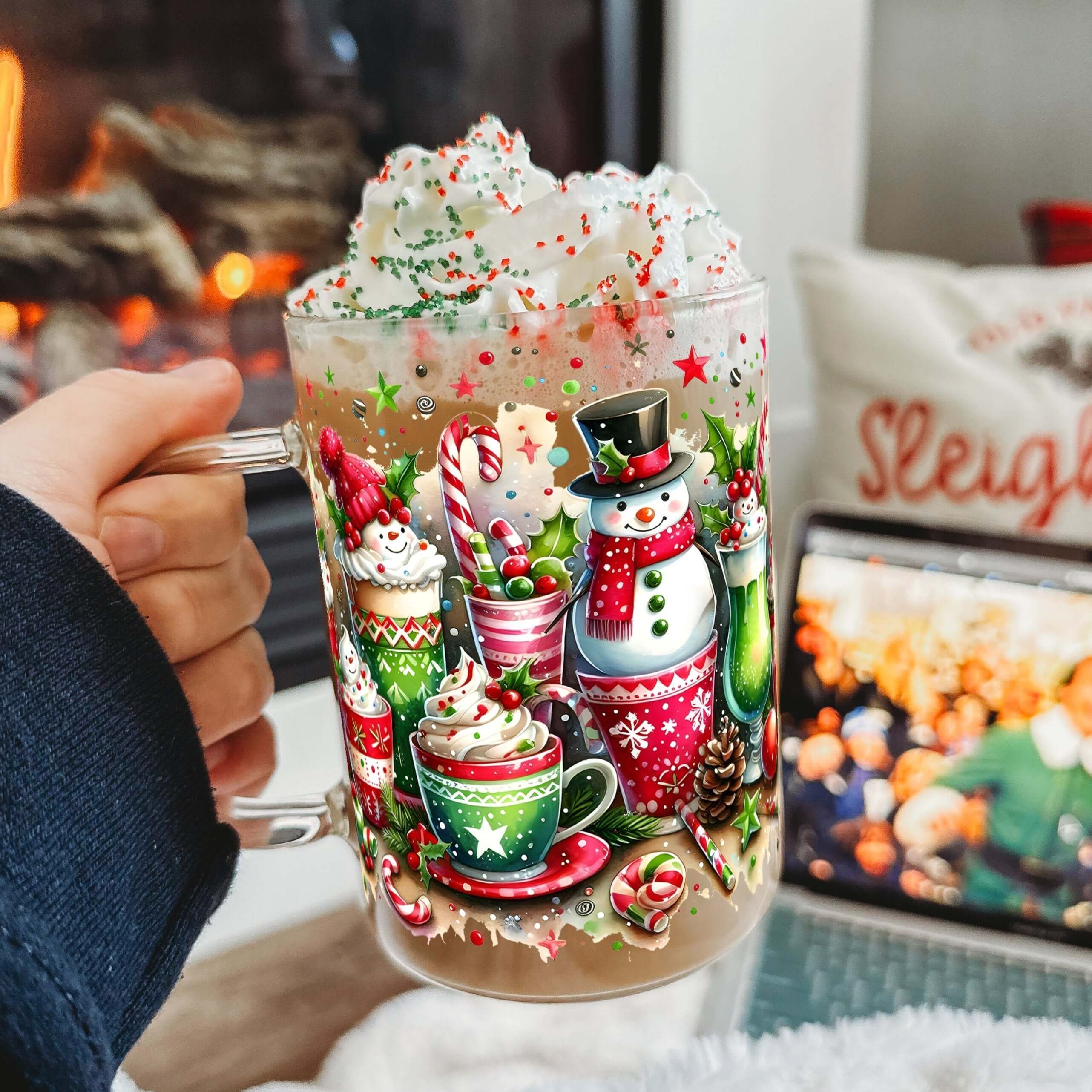 Holiday Snowman 17oz Glass Mug With Lid and Straw