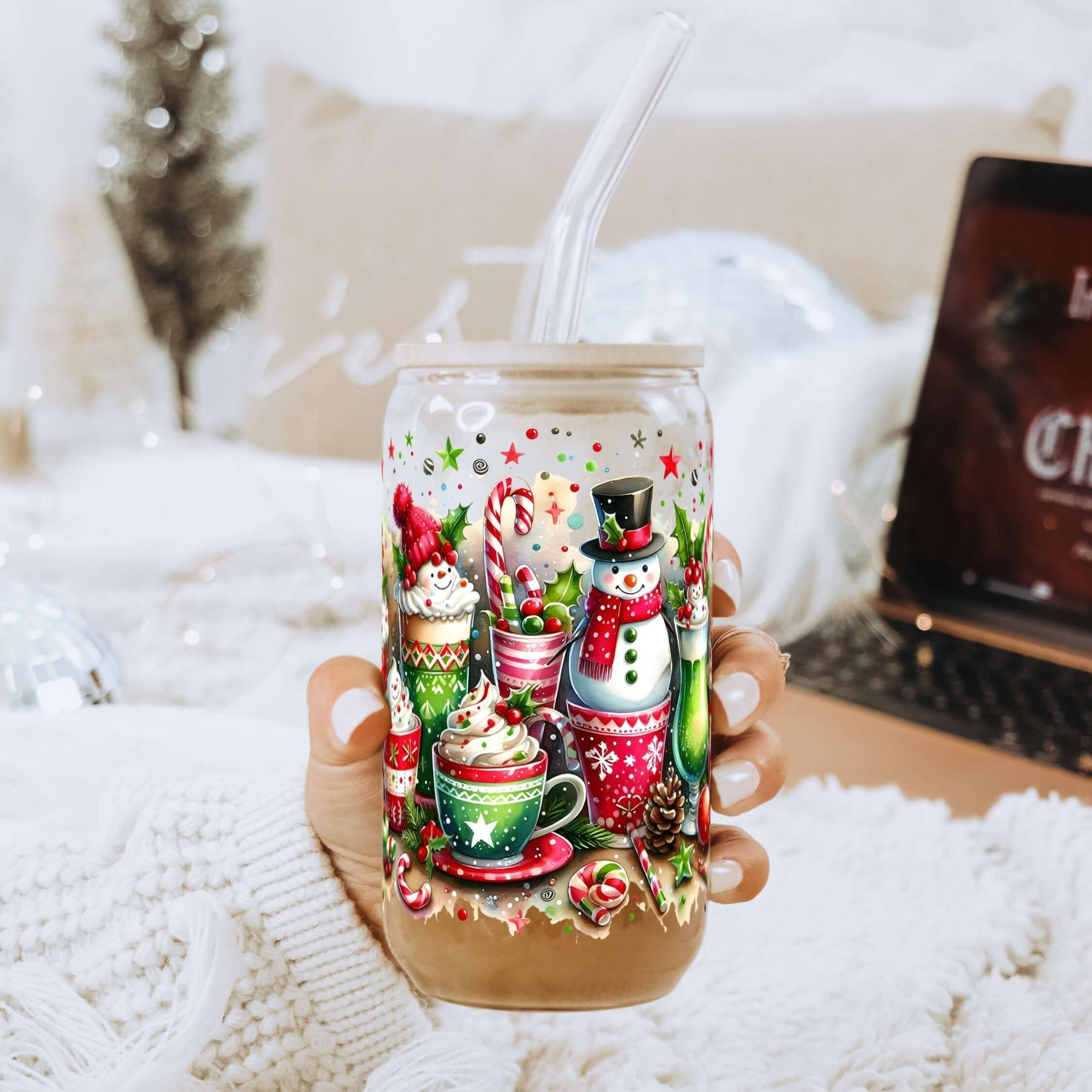 Holiday Snowman Can Cup With Lid and Straw